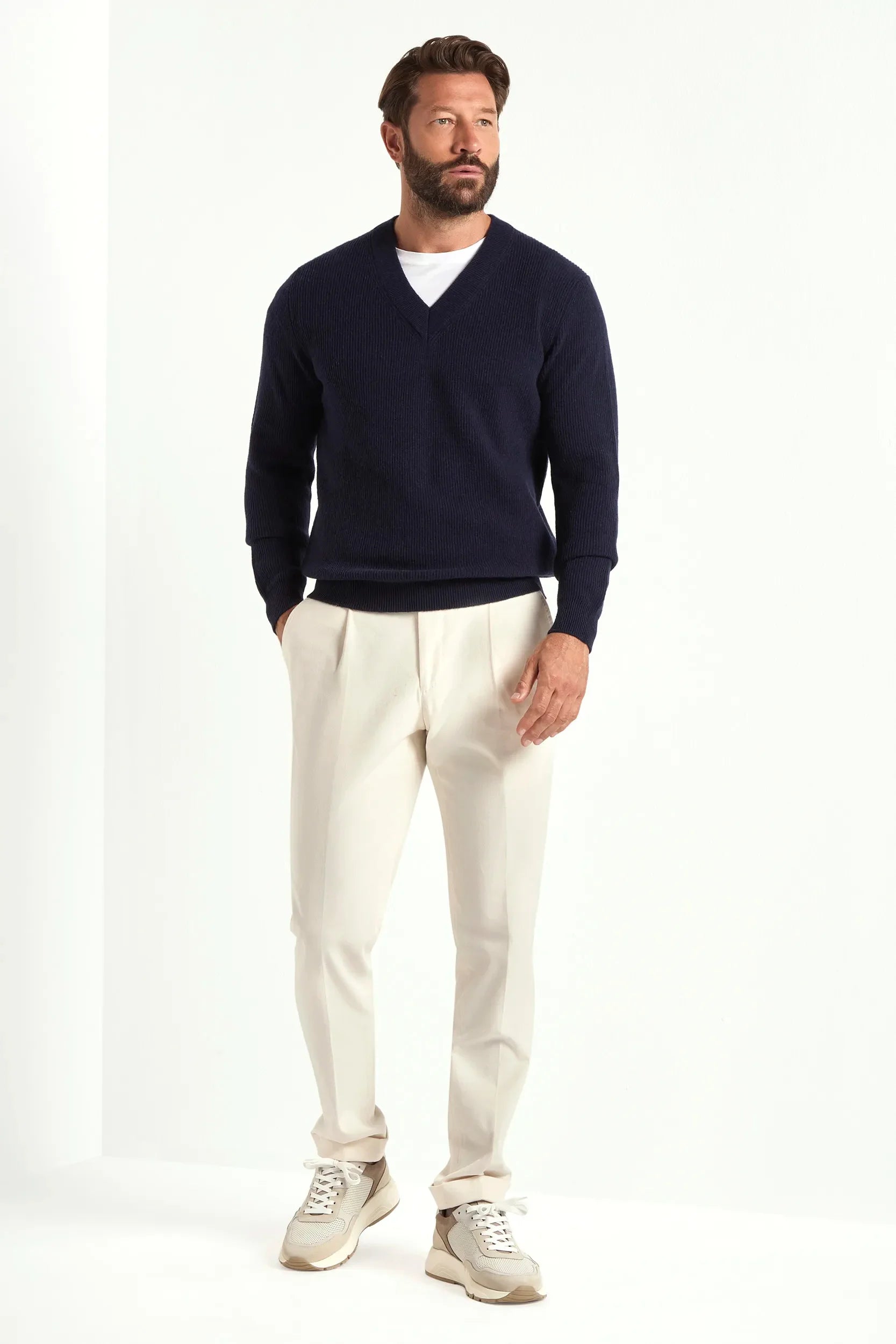 Blue ribbed V-neck sweater