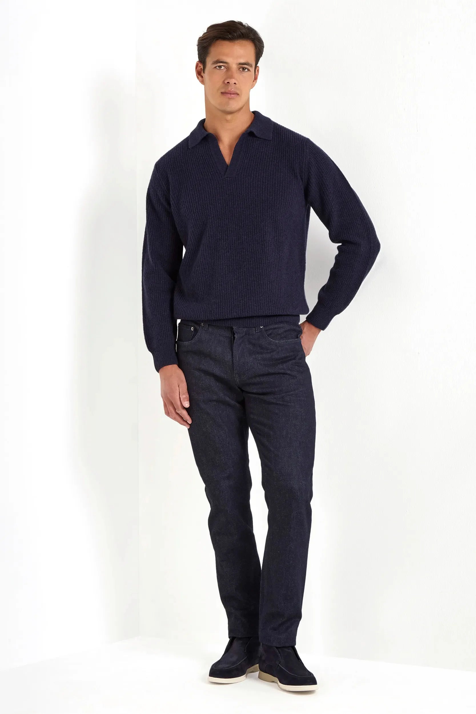 Blue ribbed polo shirt in cashmere blend