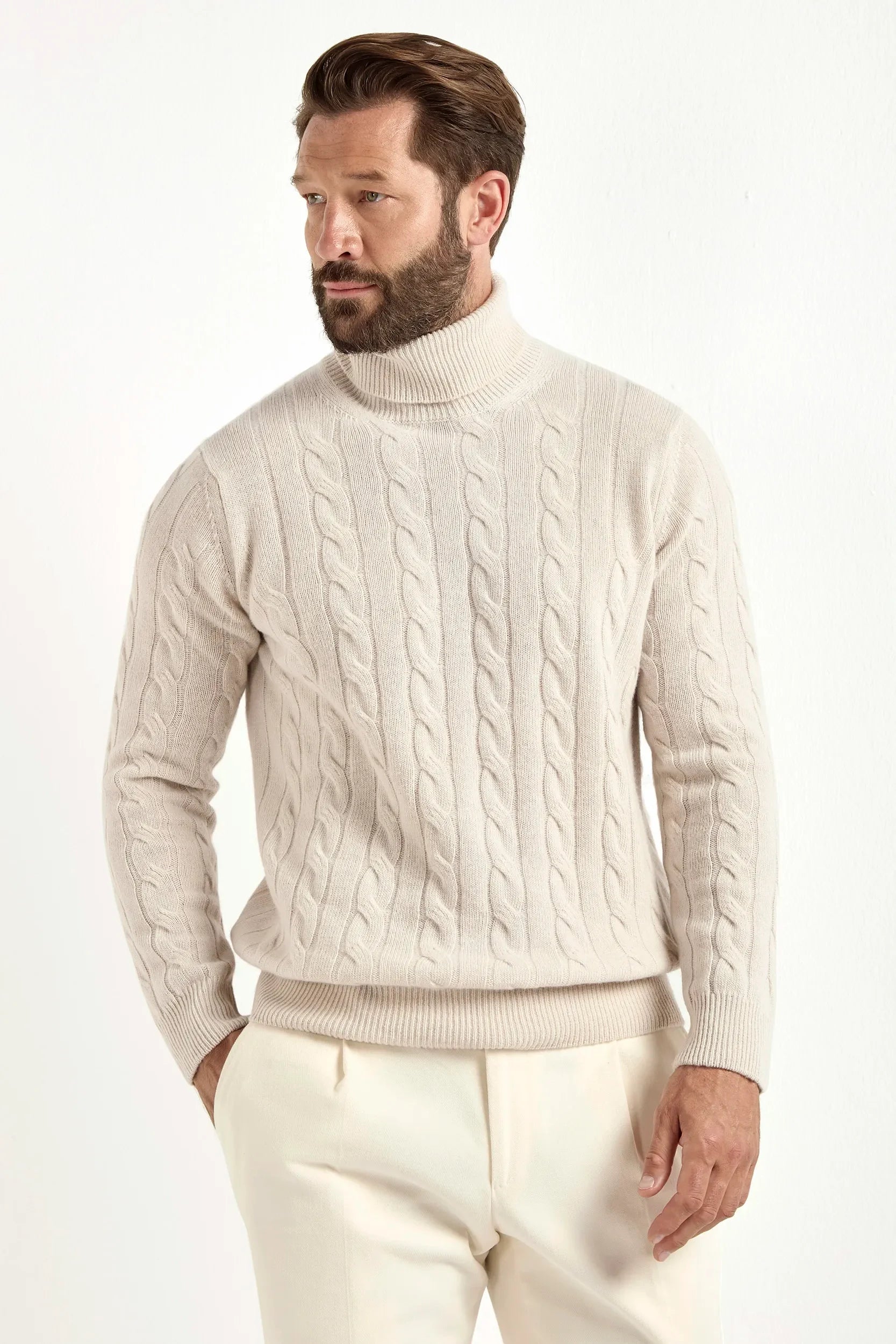 Beige cable-knit turtleneck sweater