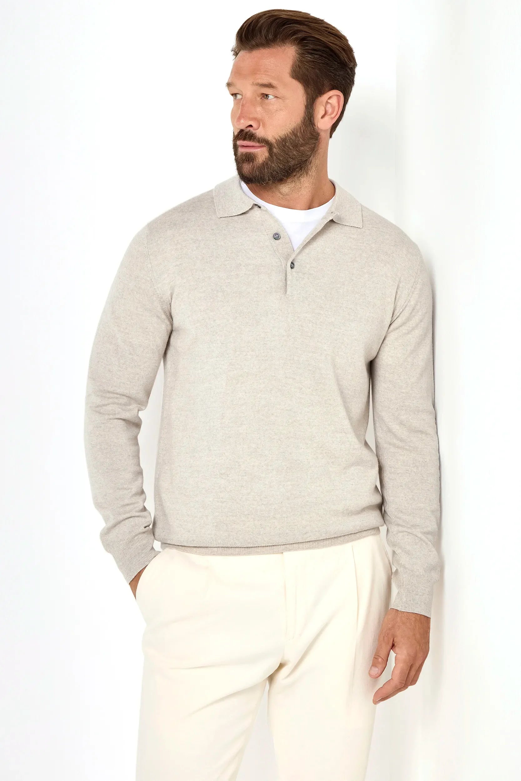 Polo shirt in greige merino