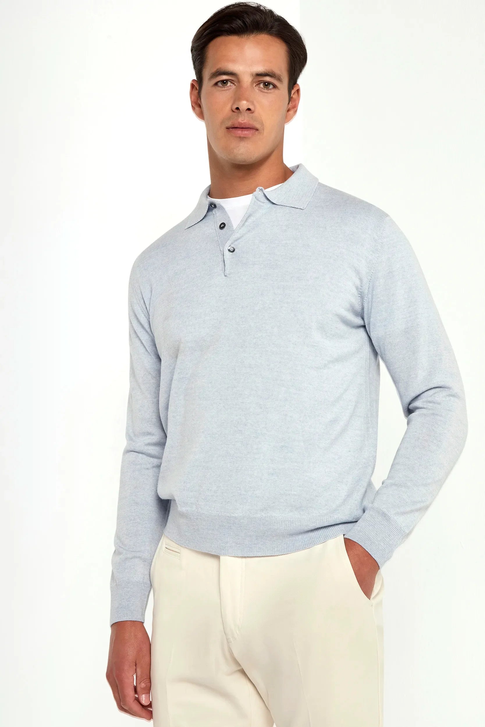 Light blue merino polo shirt