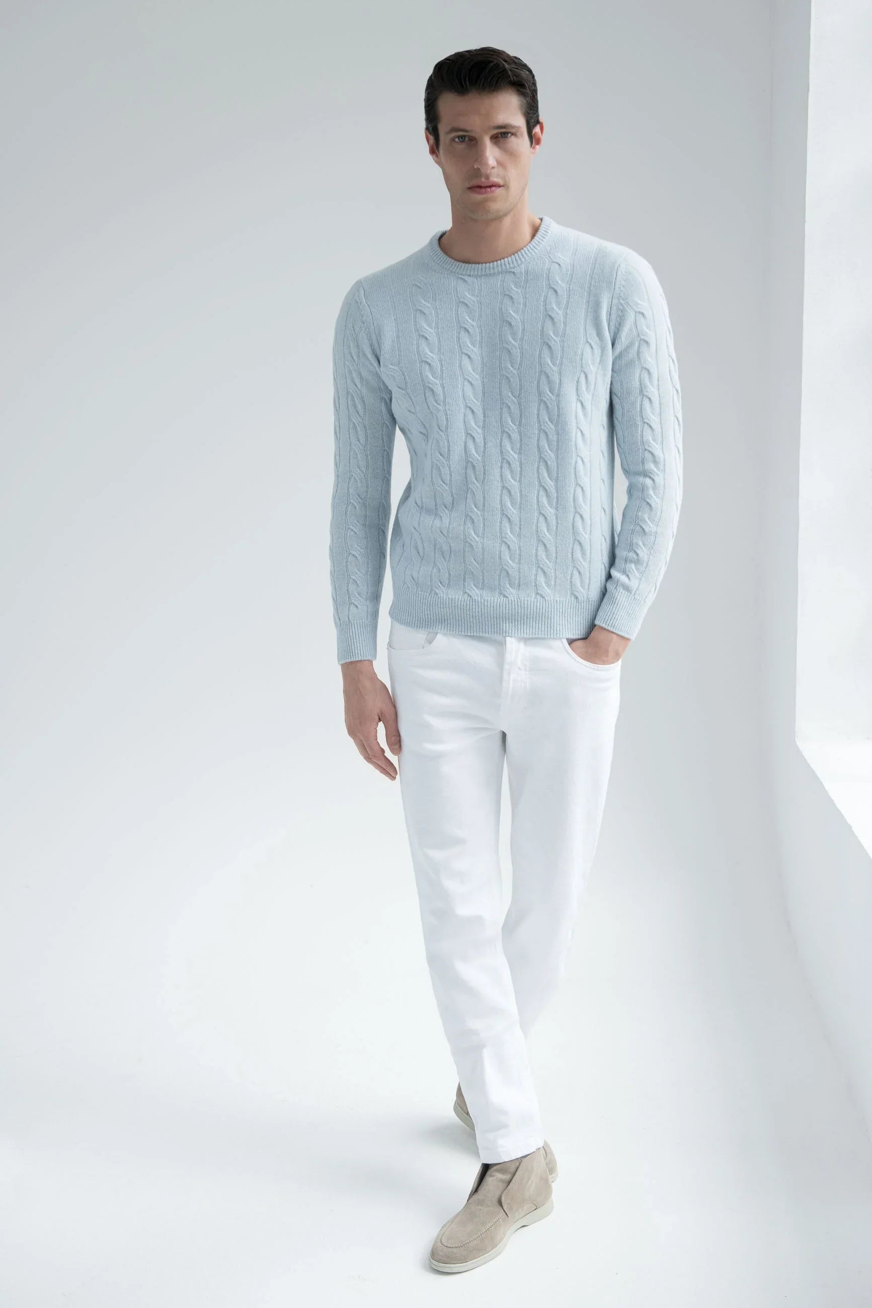 Light blue cable-knit sweater