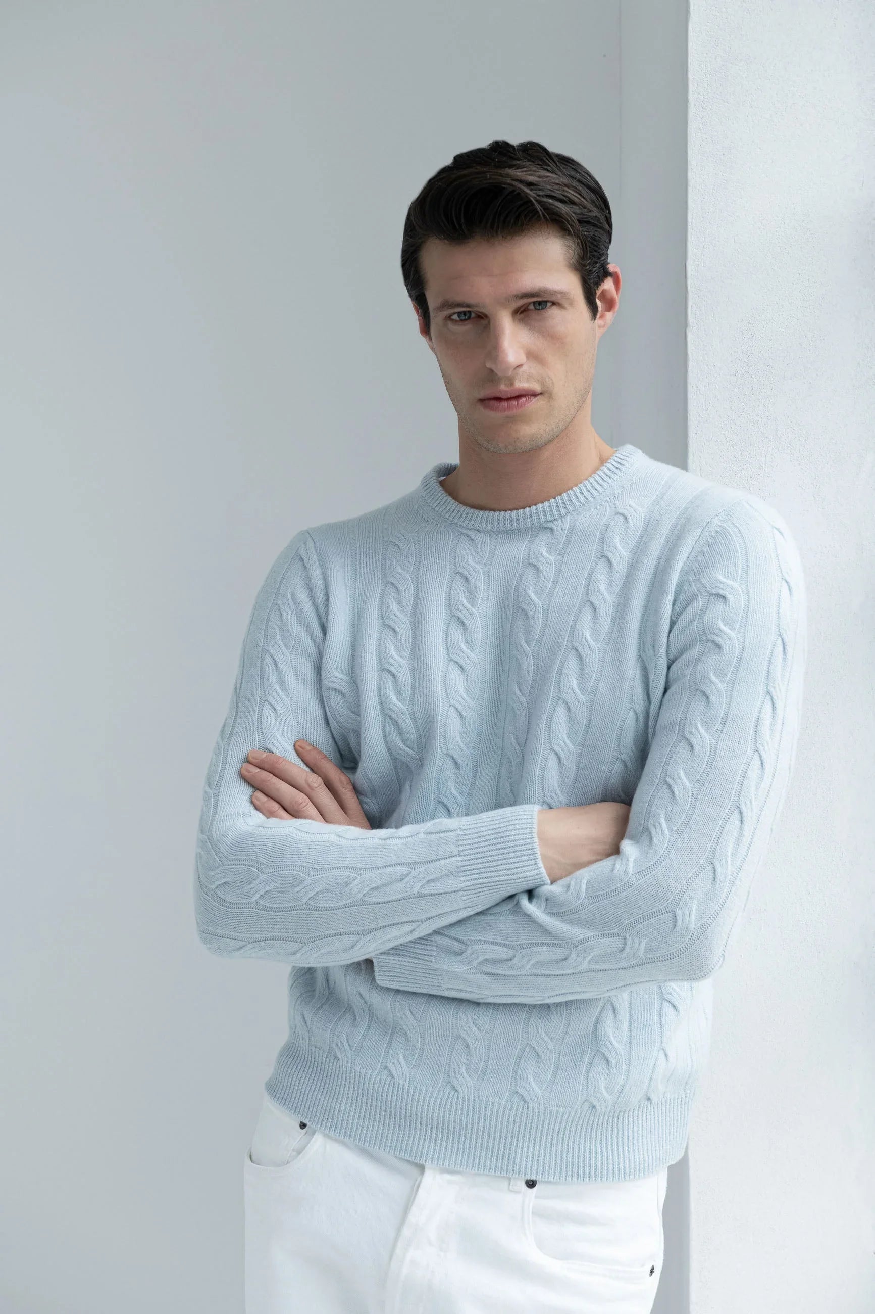 Light blue cable-knit sweater