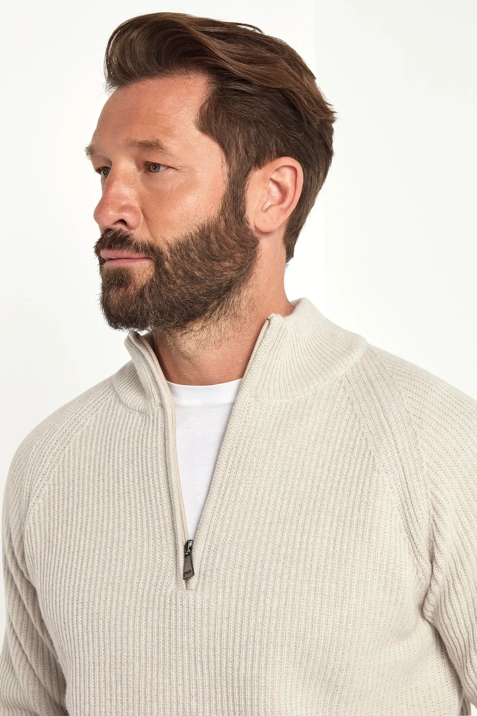 Sand cashmere blend ribbed half-zip sweater