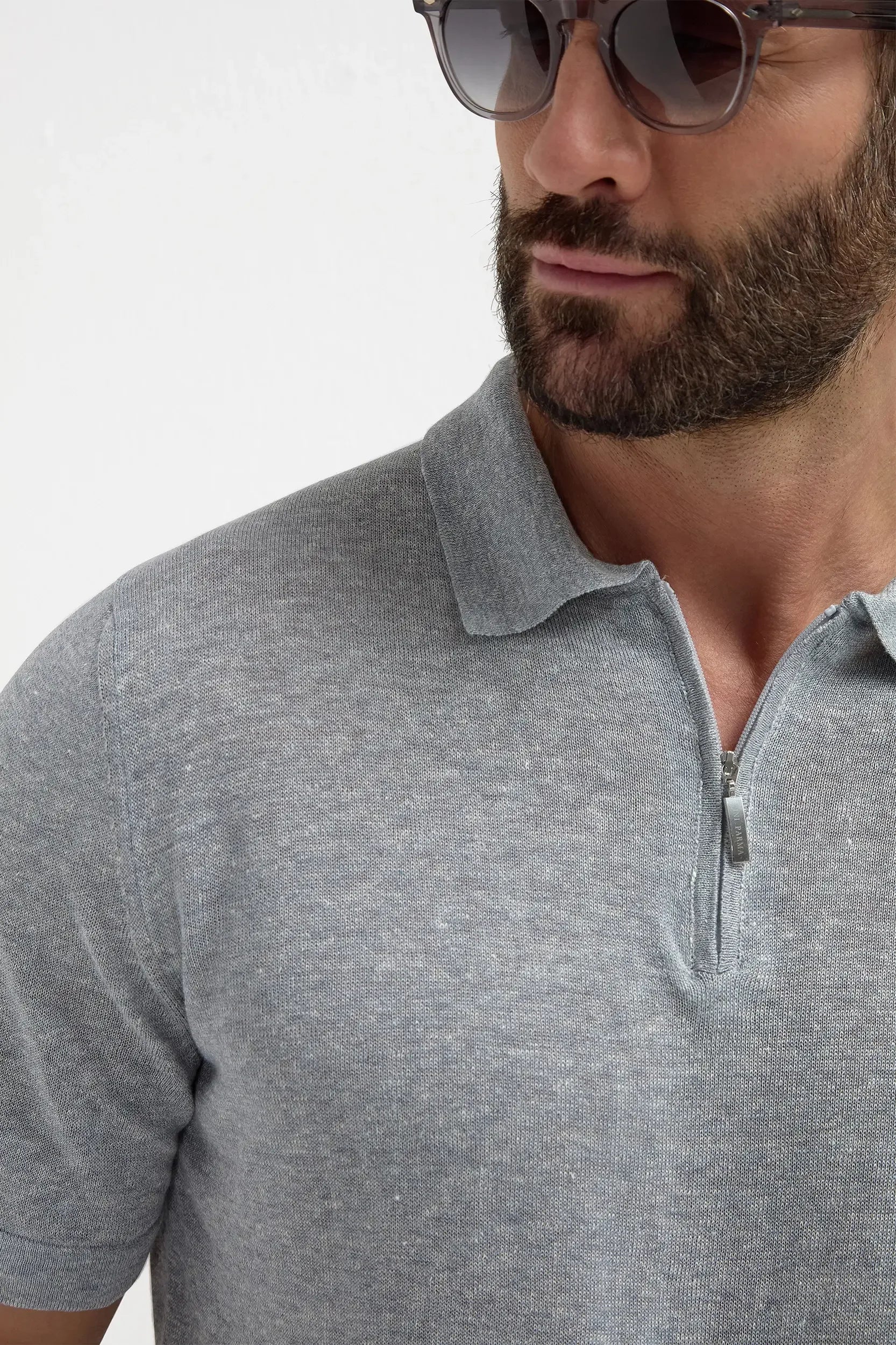 Light grey linen and cotton zipped polo shirt