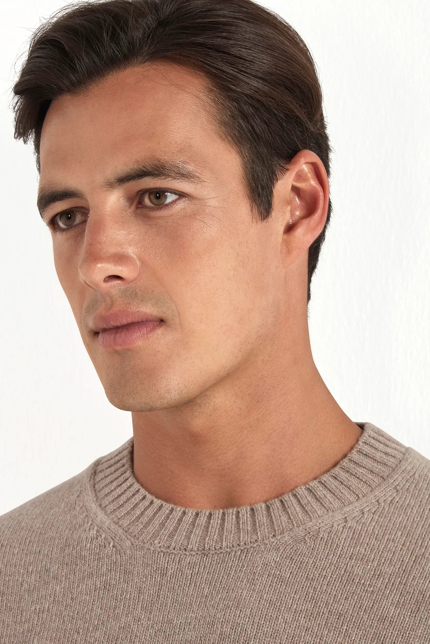 Round-neck sweater in taupe merino