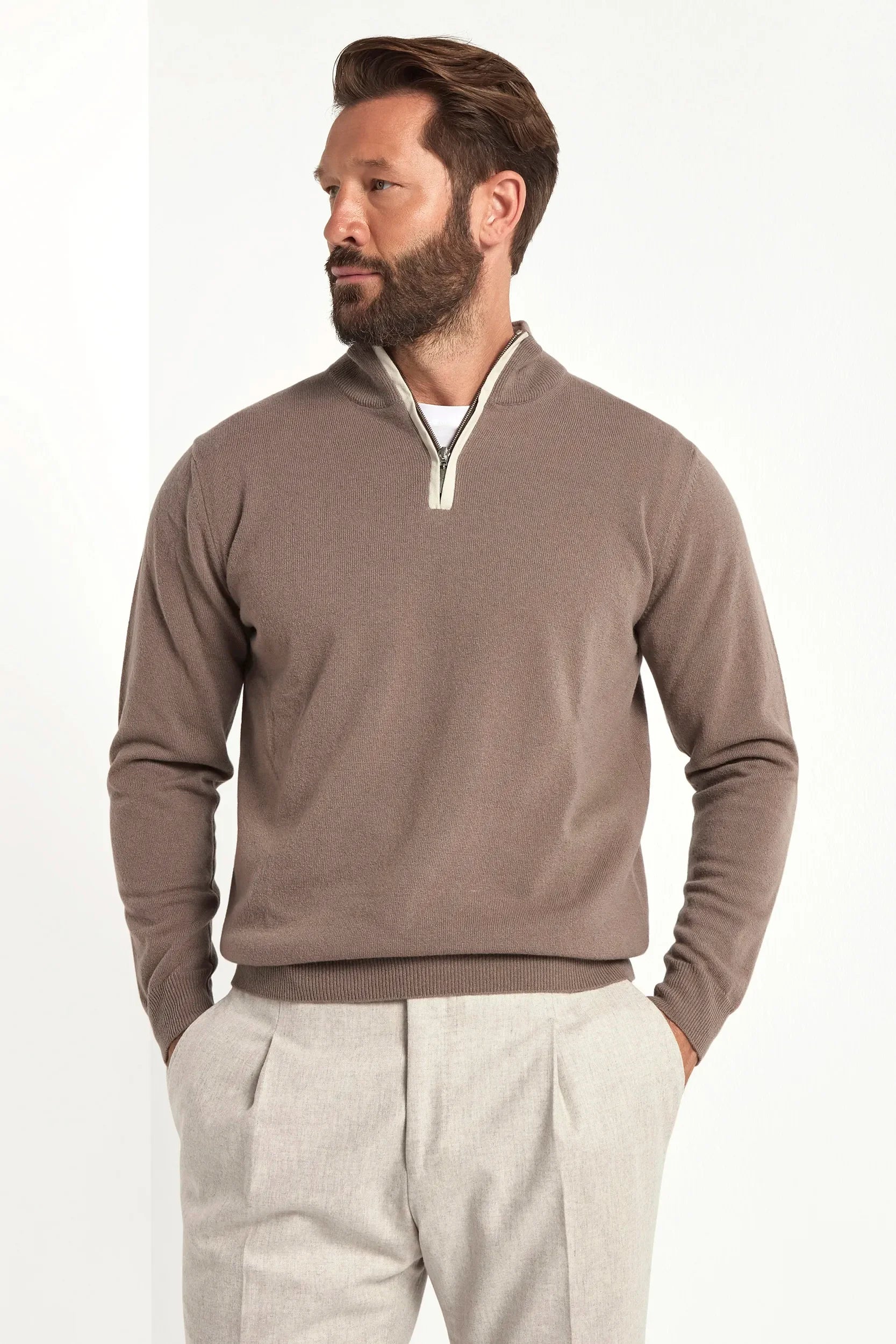 Half-zip in taupe wool and cashmere