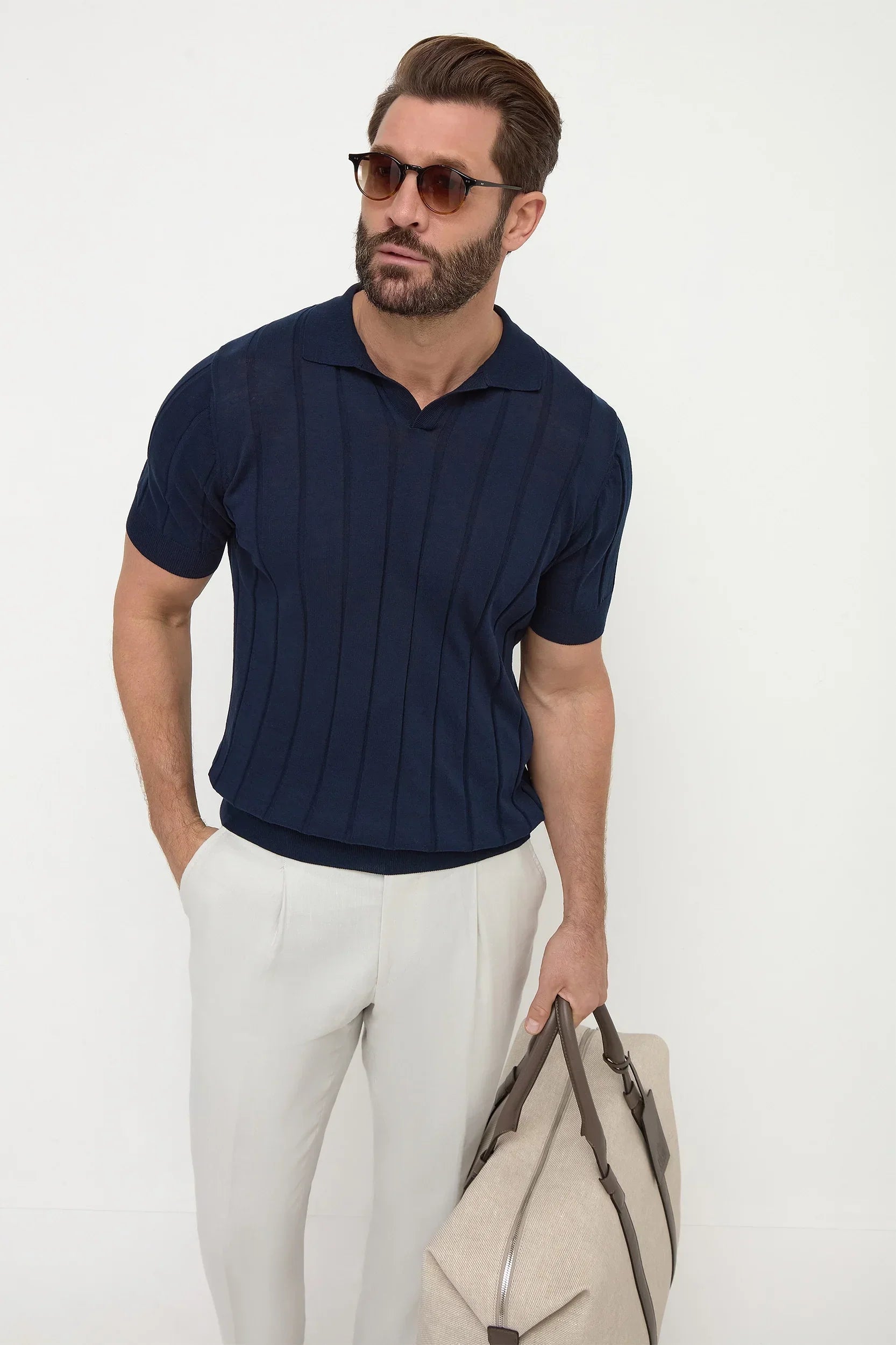 Blue ribbed polo shirt