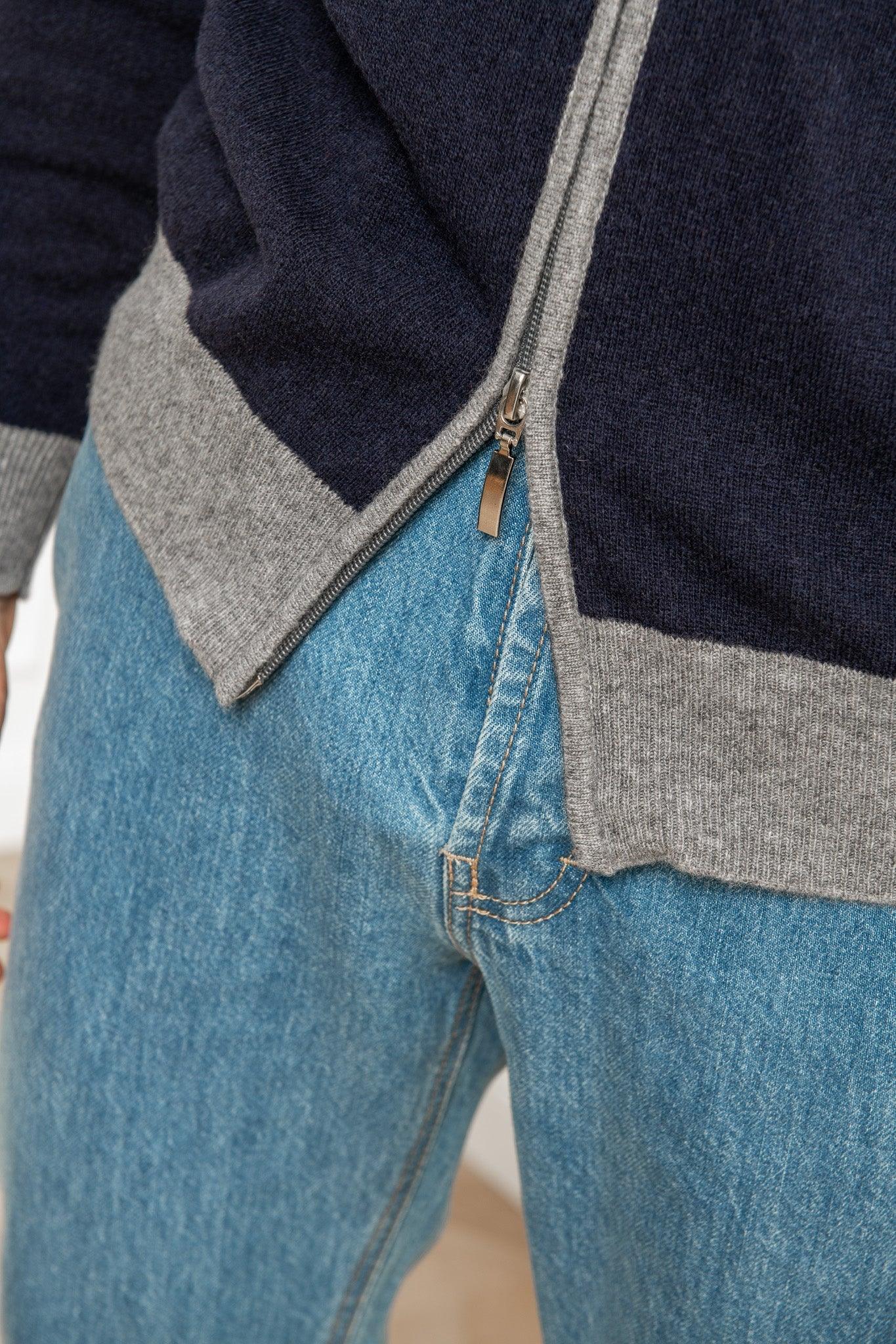 Blue and grey full-zip cardigan