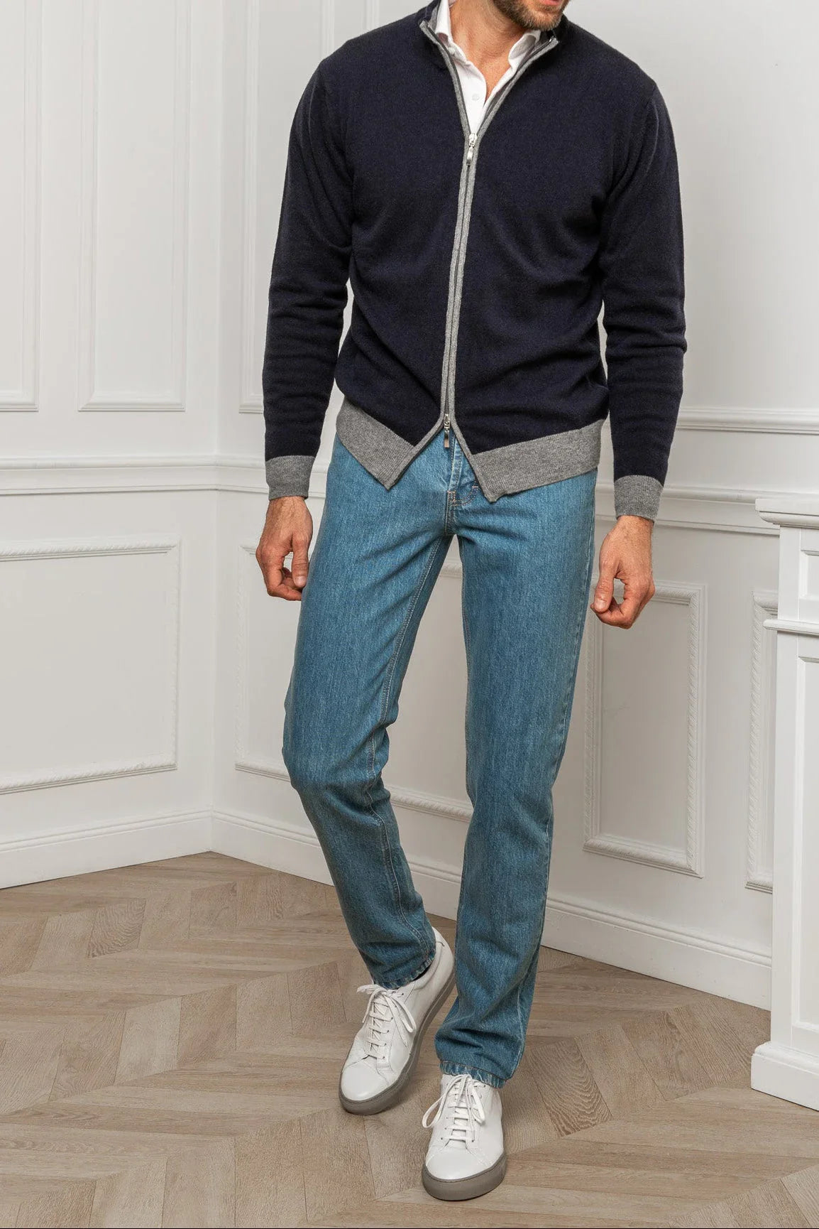 Blue and grey full-zip cardigan