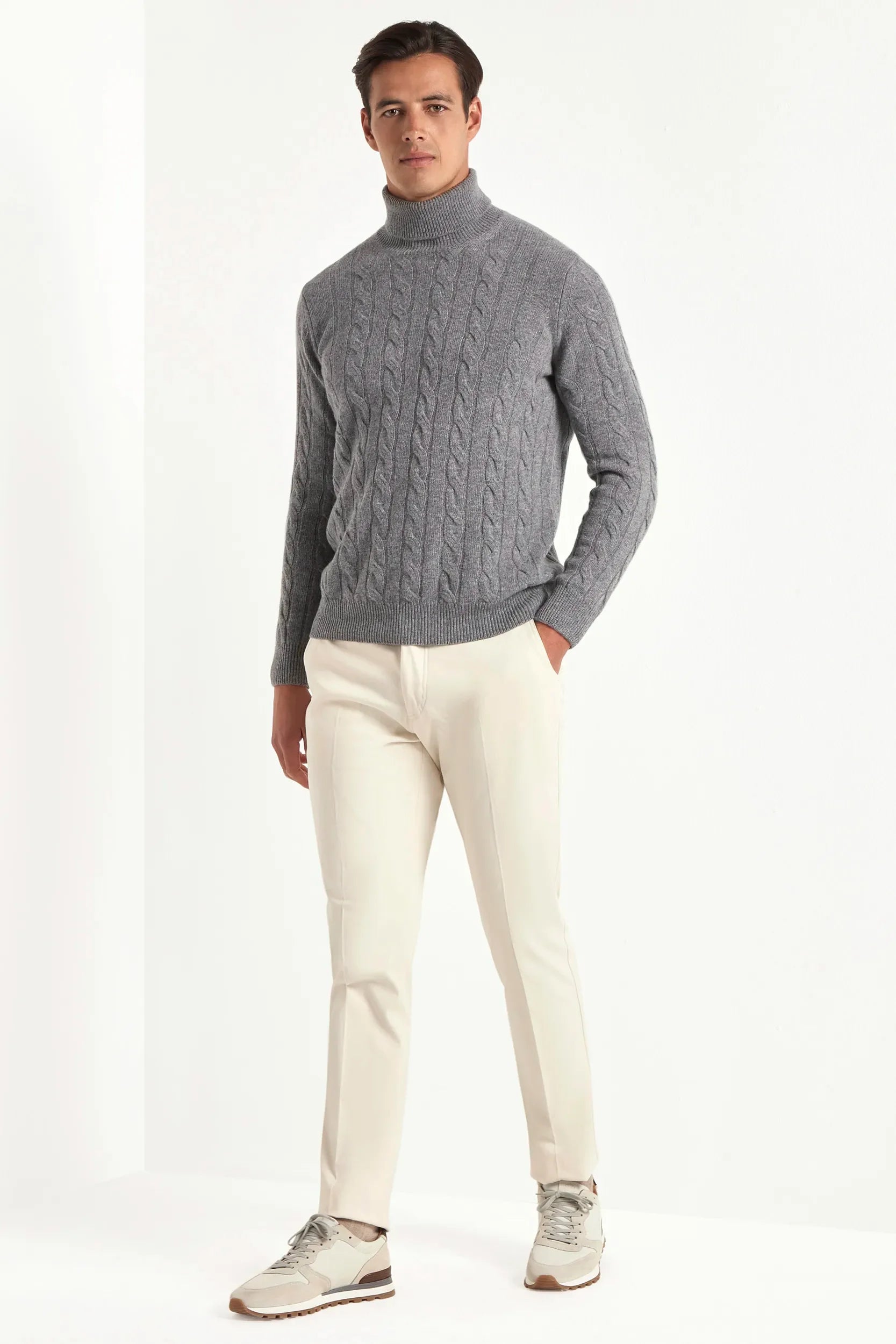 Medium gray cable-knit turtleneck sweater