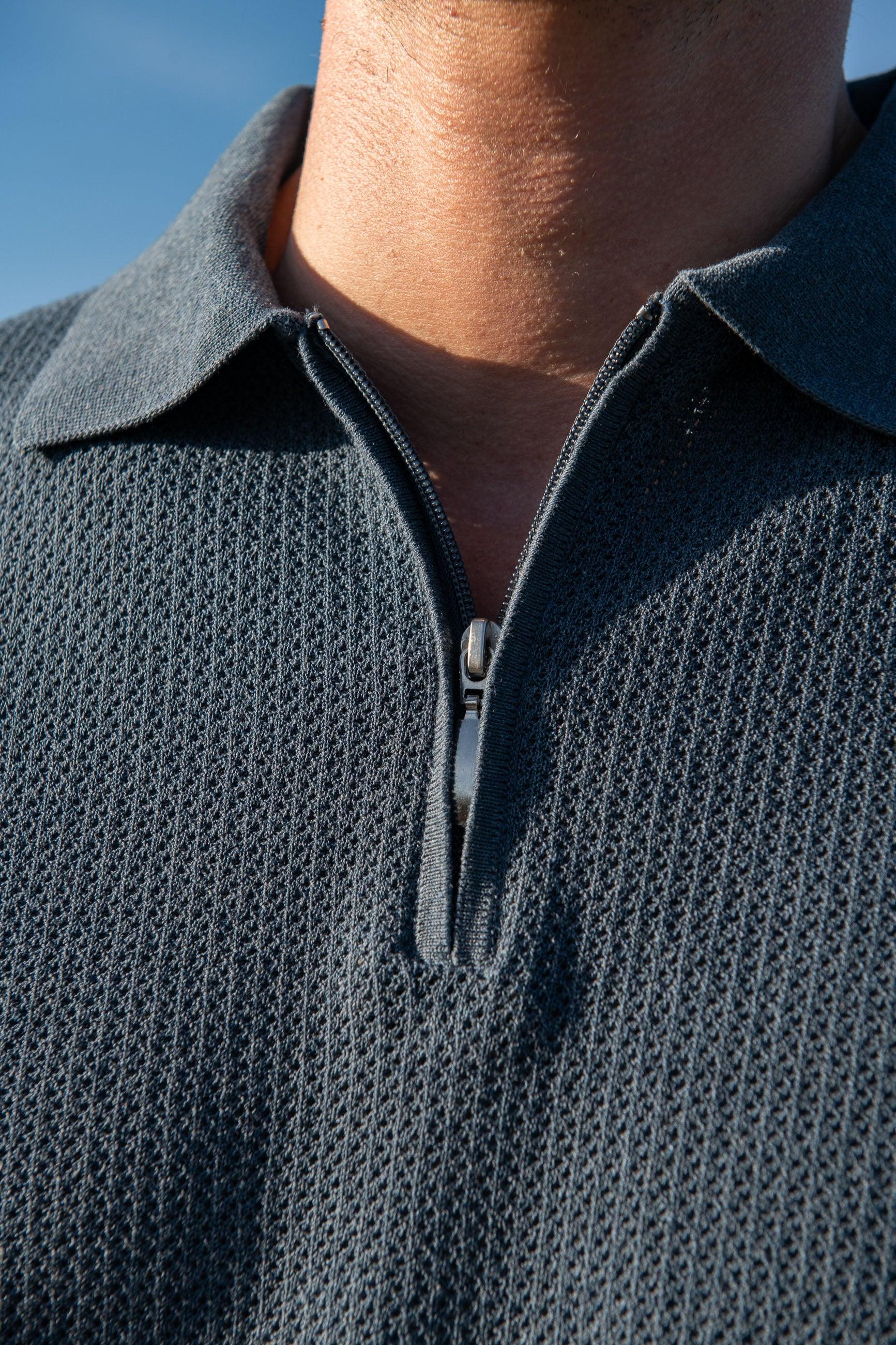 Ocean textured mesh polo shirt with zip