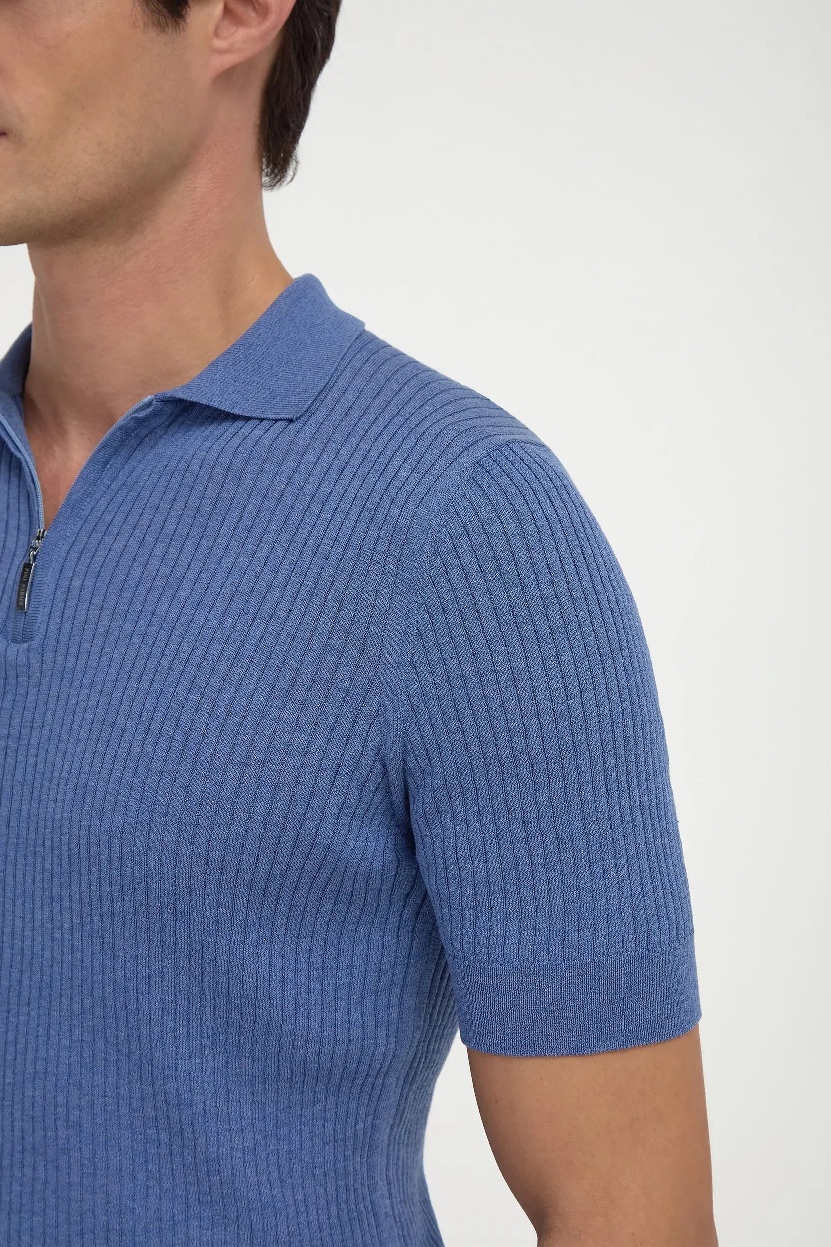 Light blue zip polo shirt with fine ribbing