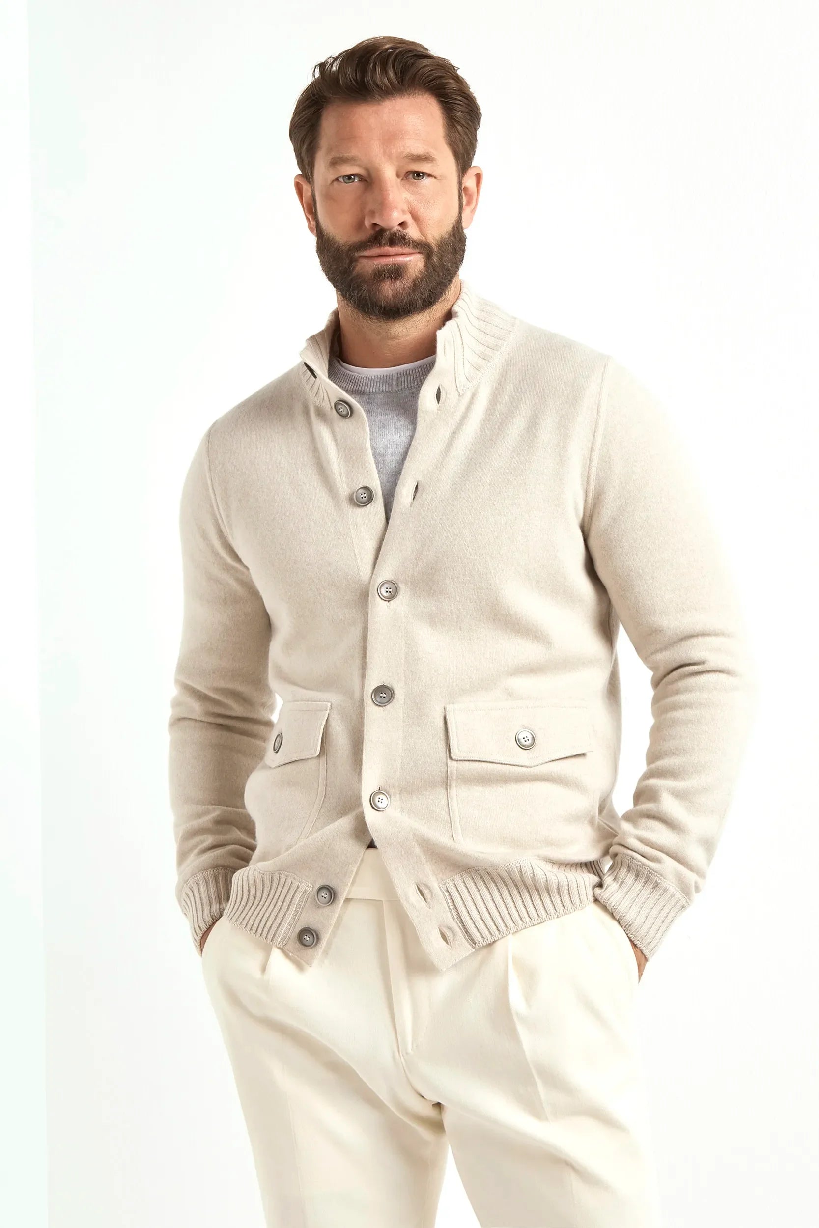 Stone knitted merino wool and cashmere bomber