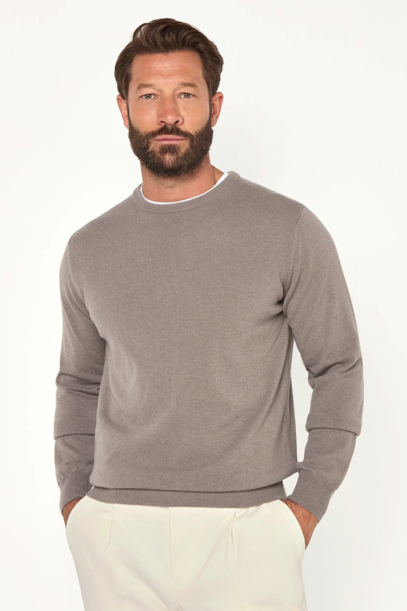 Taupe cashmere round-neck sweater