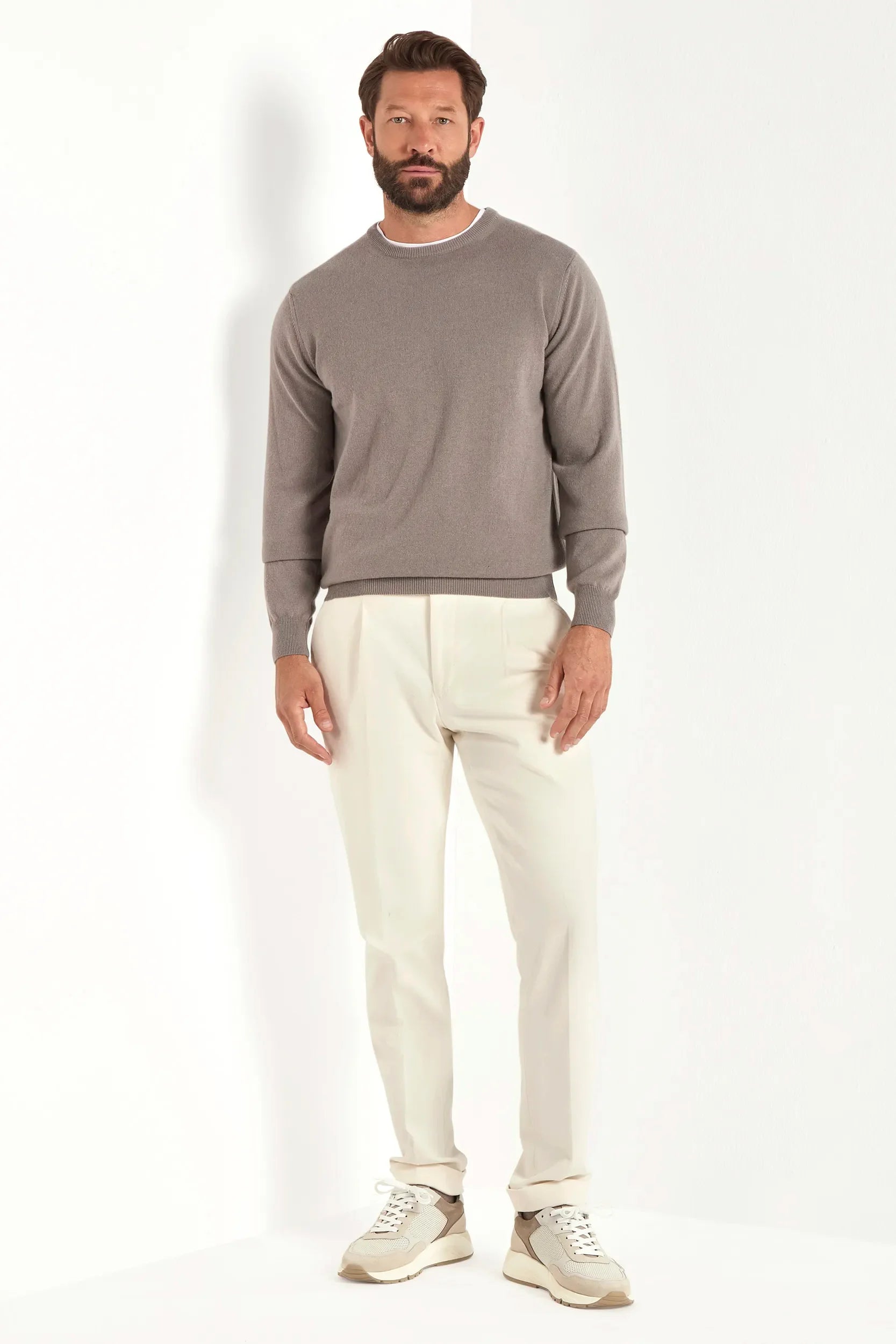 Taupe cashmere round-neck sweater