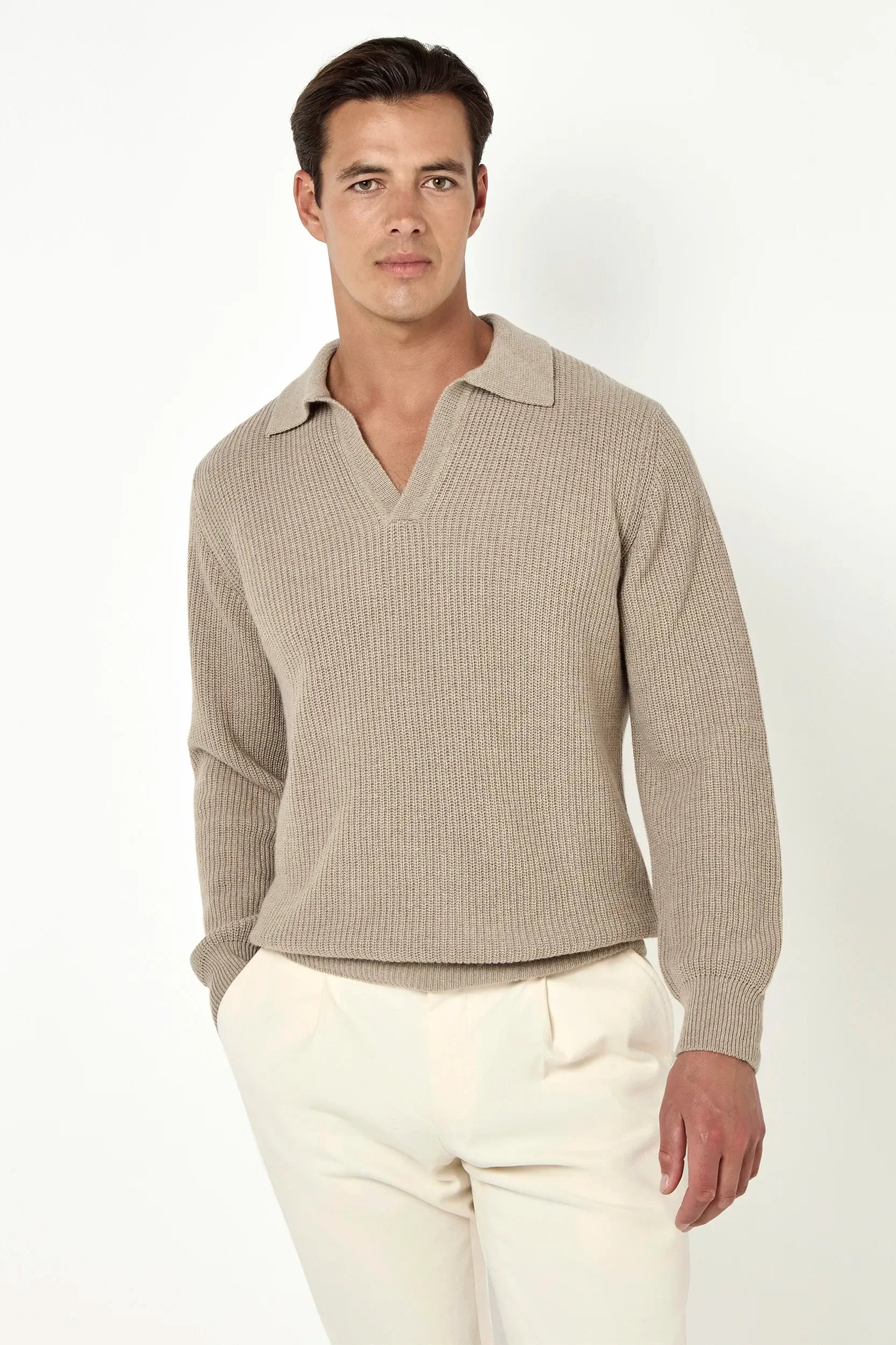 Taupe ribbed cashmere blend polo shirt