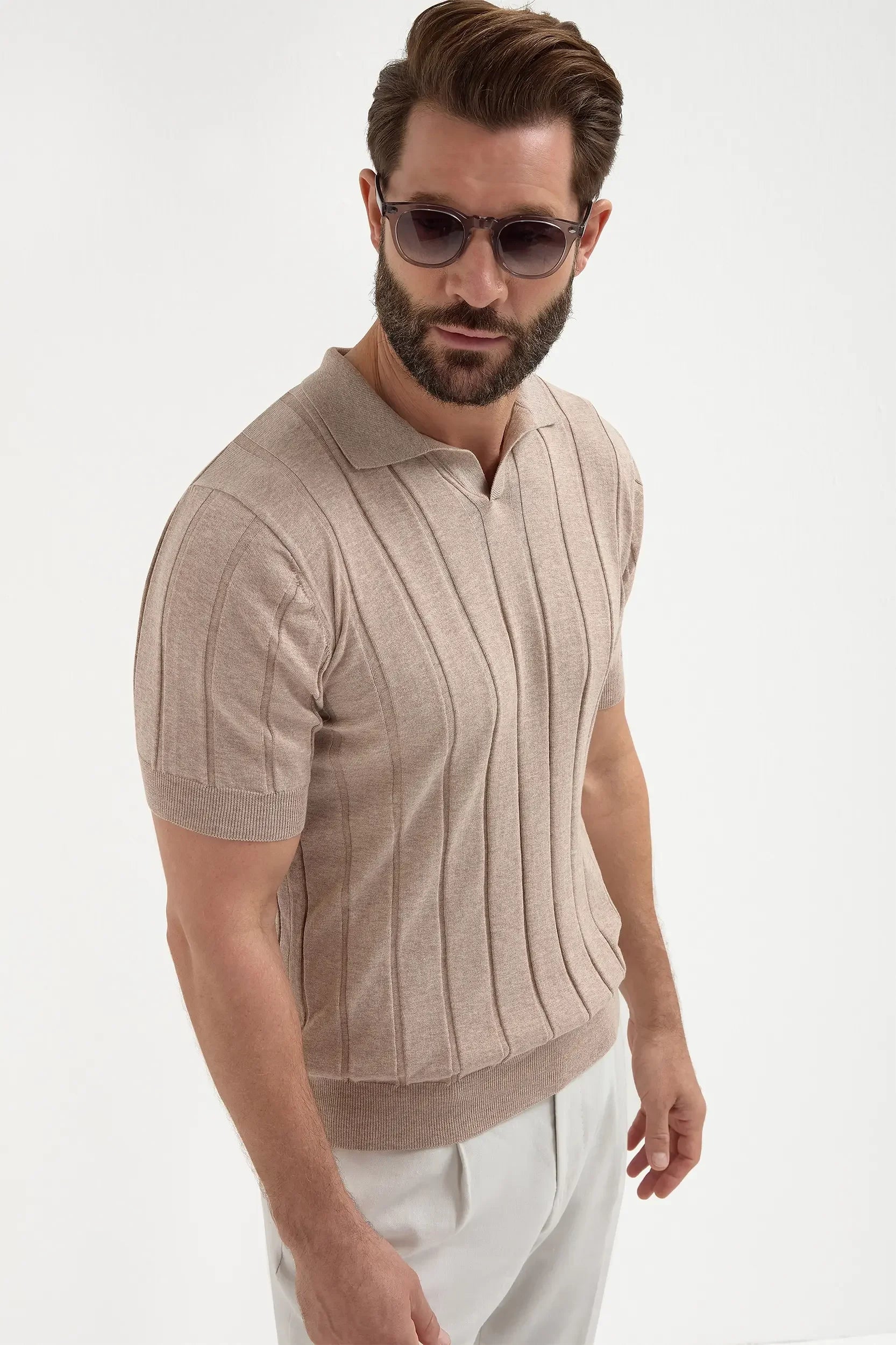 Taupe ribbed polo shirt
