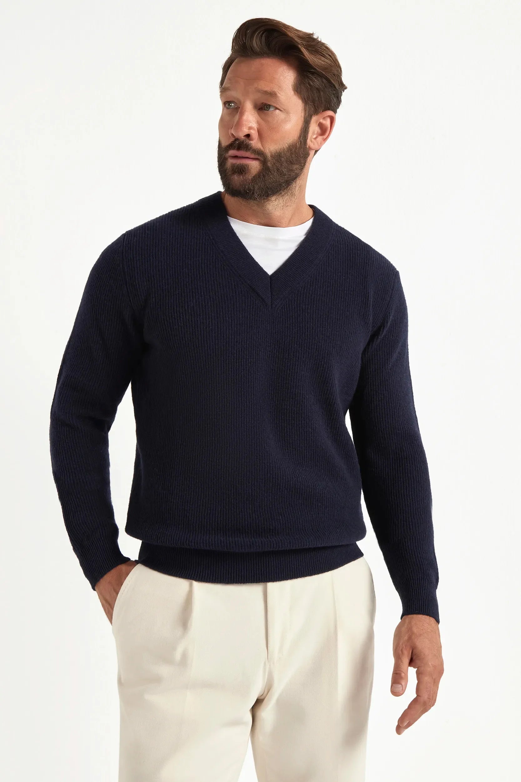 Blue ribbed V-neck sweater