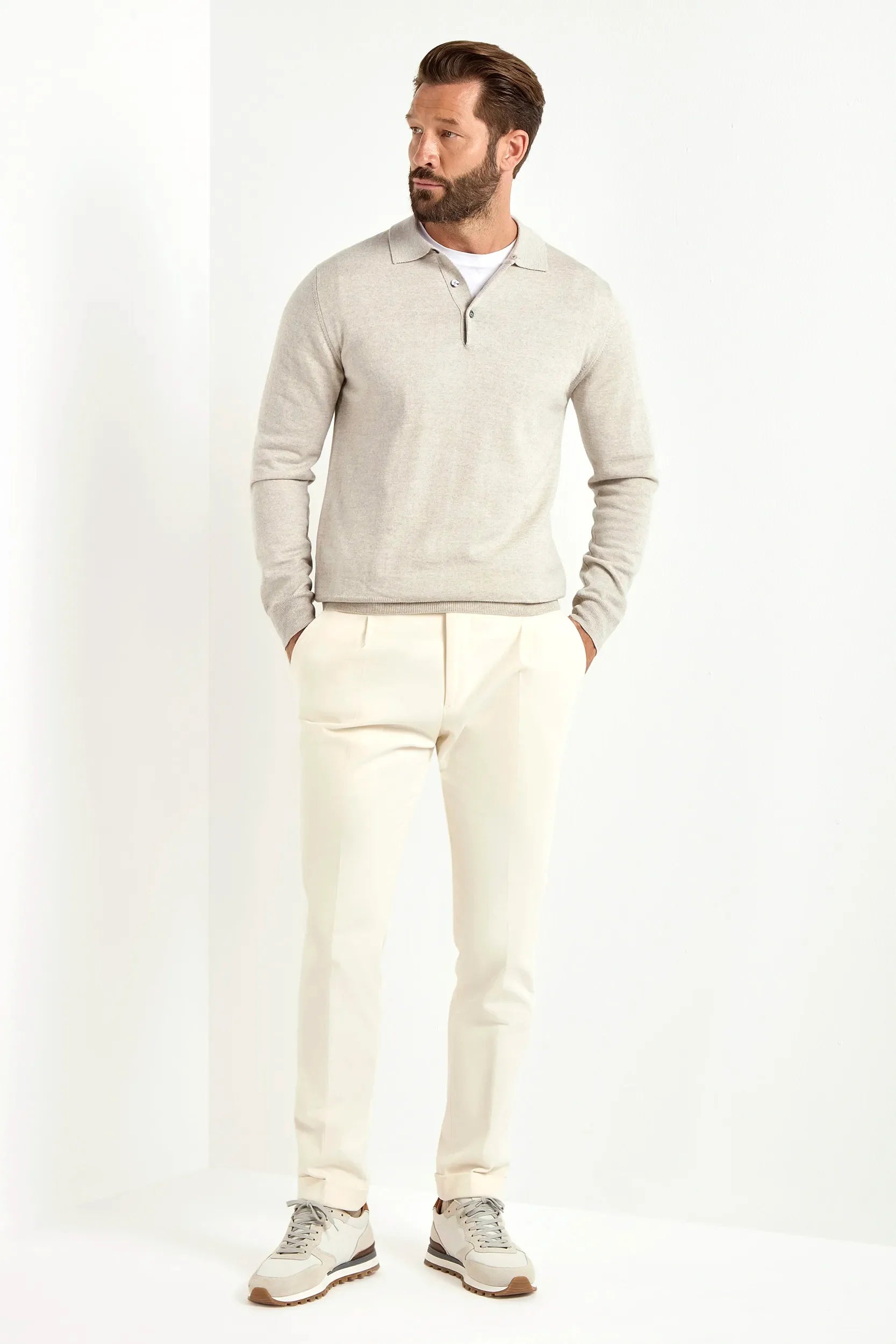 Polo shirt in greige merino