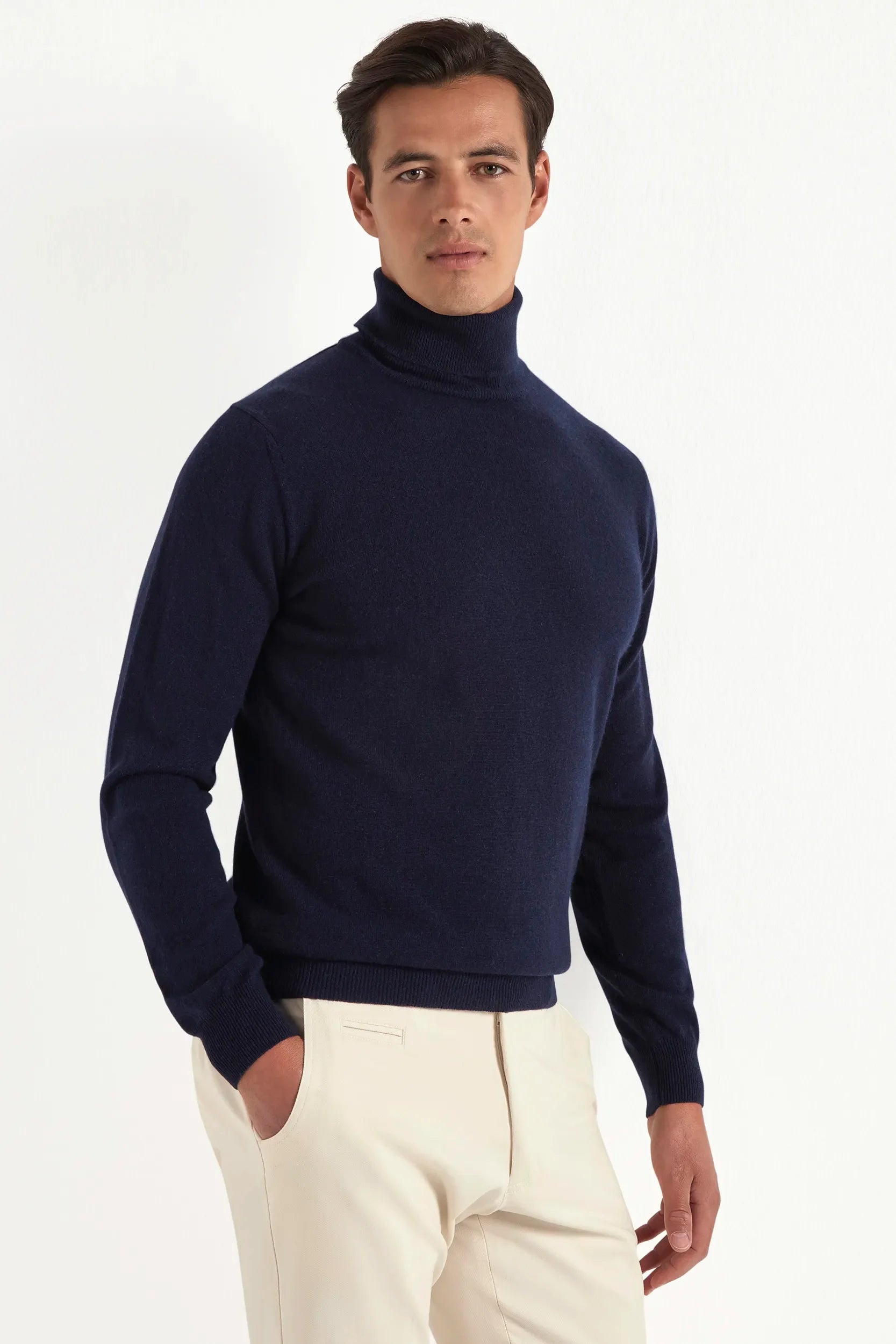 Blue cashmere turtleneck sweater