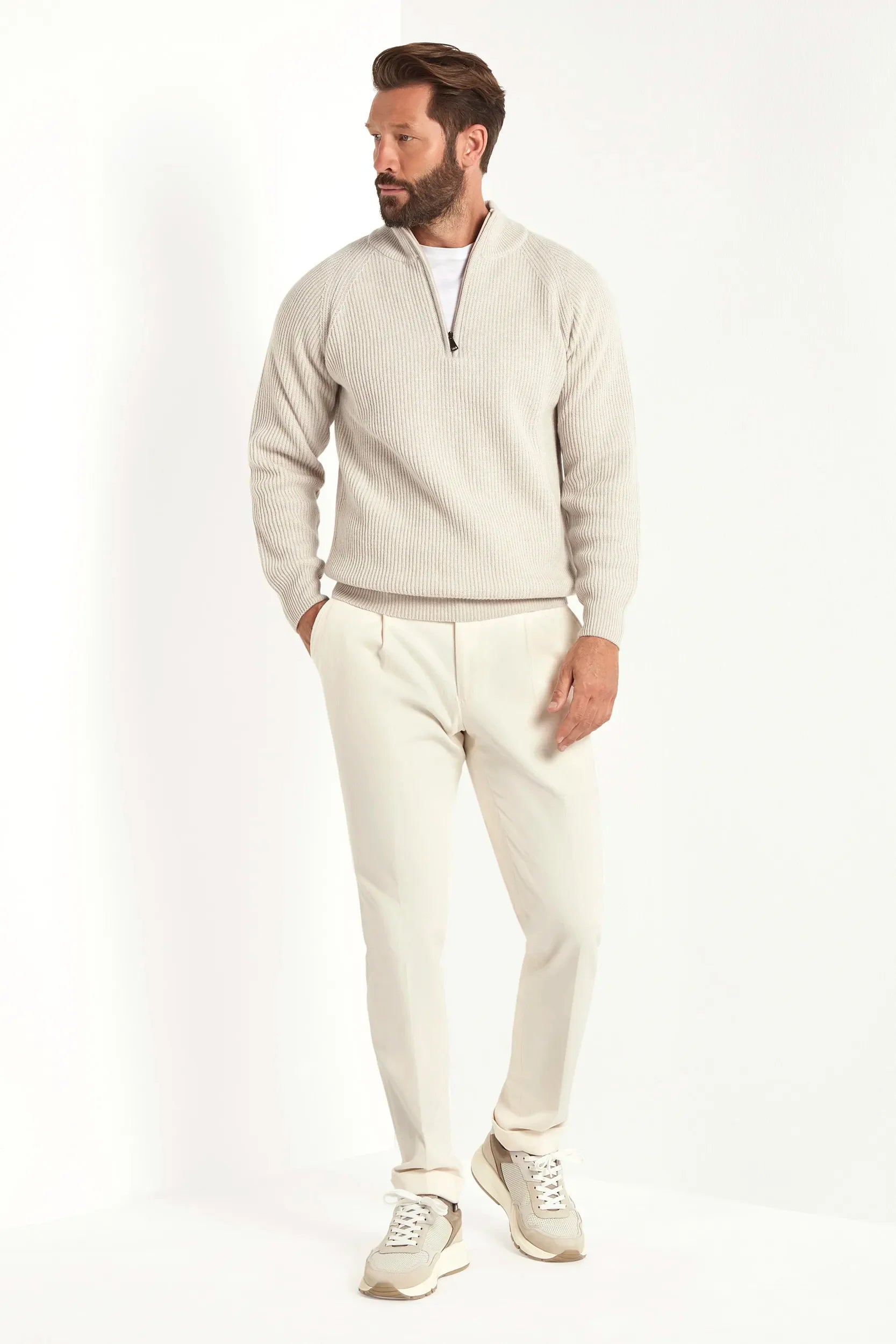 Sand cashmere blend ribbed half-zip sweater
