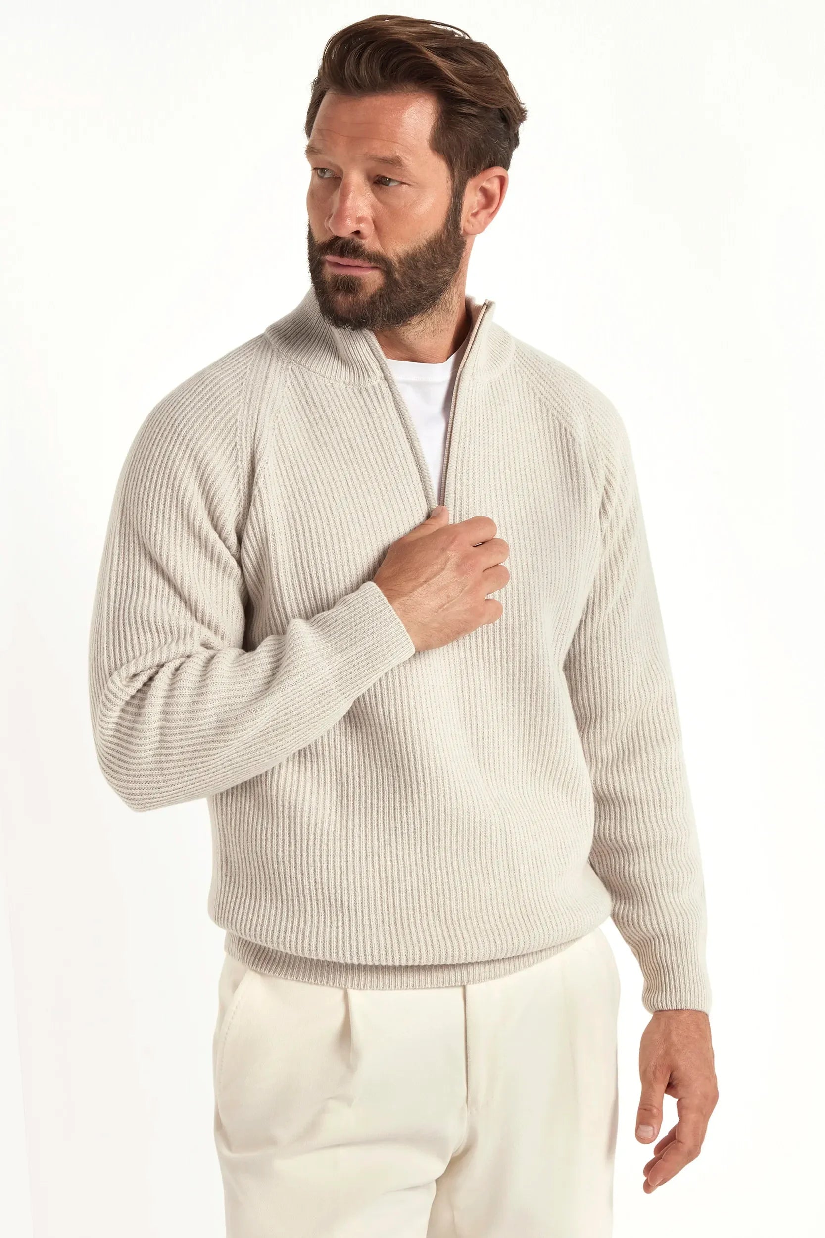Sand cashmere blend ribbed half-zip sweater
