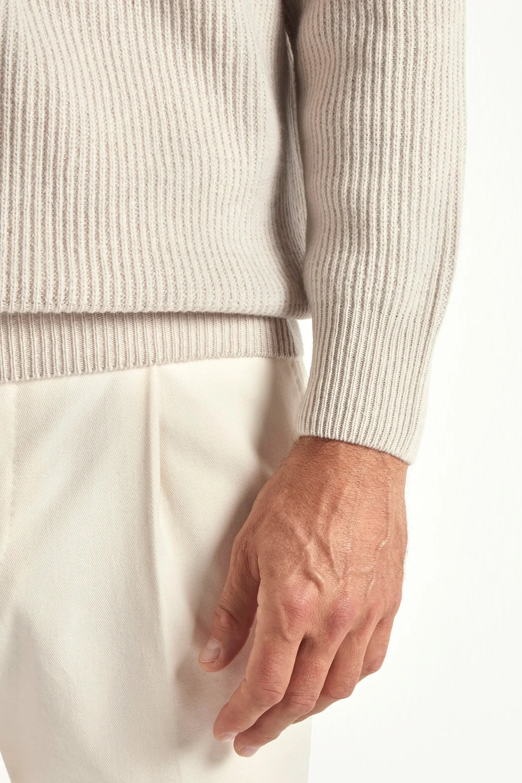 Sand cashmere blend ribbed half-zip sweater