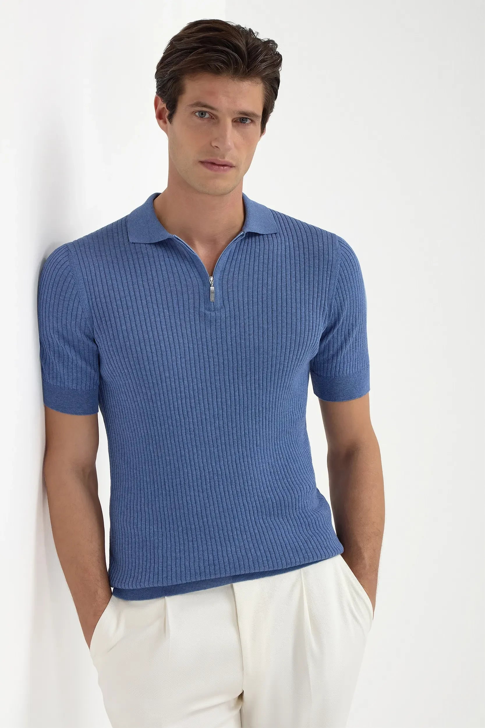 Light blue zip polo shirt with fine ribbing