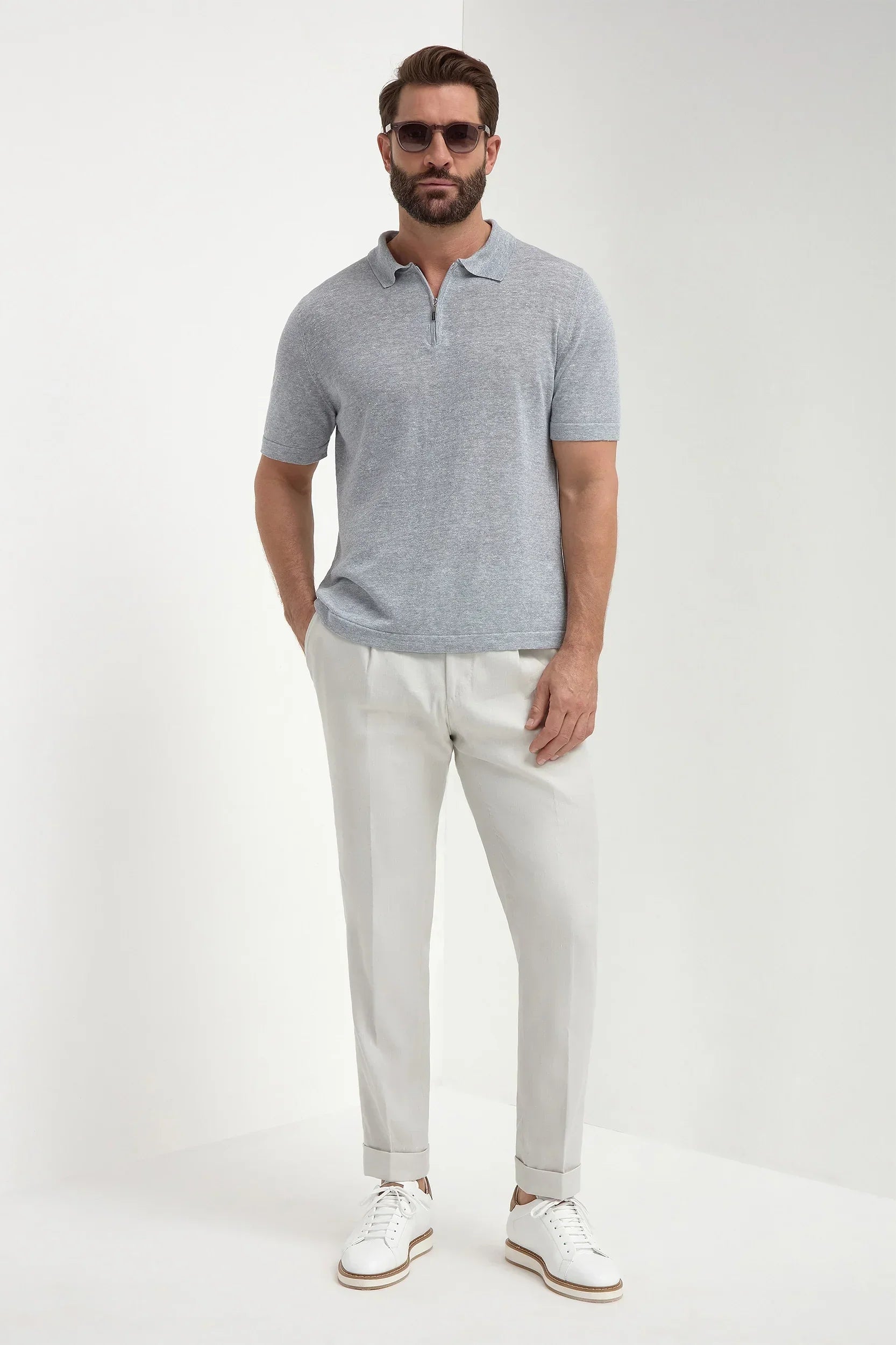 Light grey linen and cotton zipped polo shirt