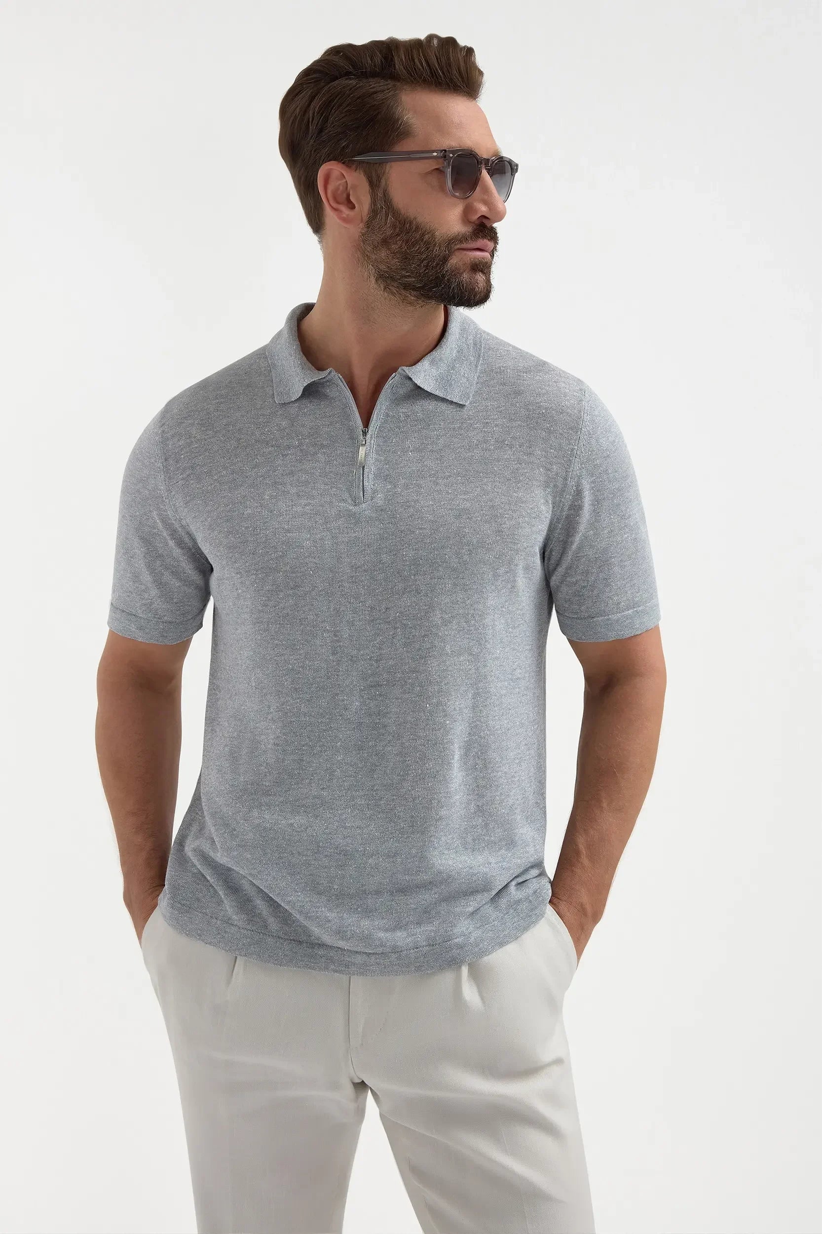 Light grey linen and cotton zipped polo shirt