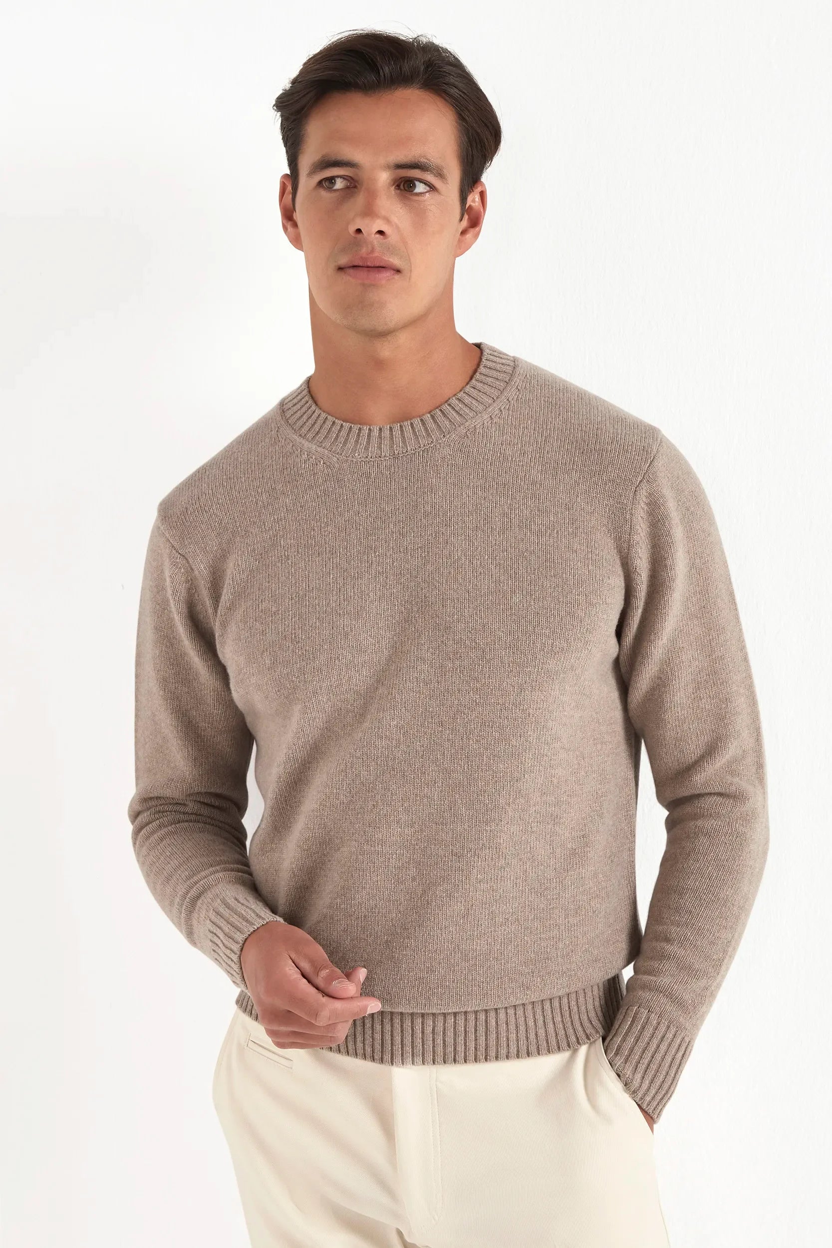Round-neck sweater in taupe merino
