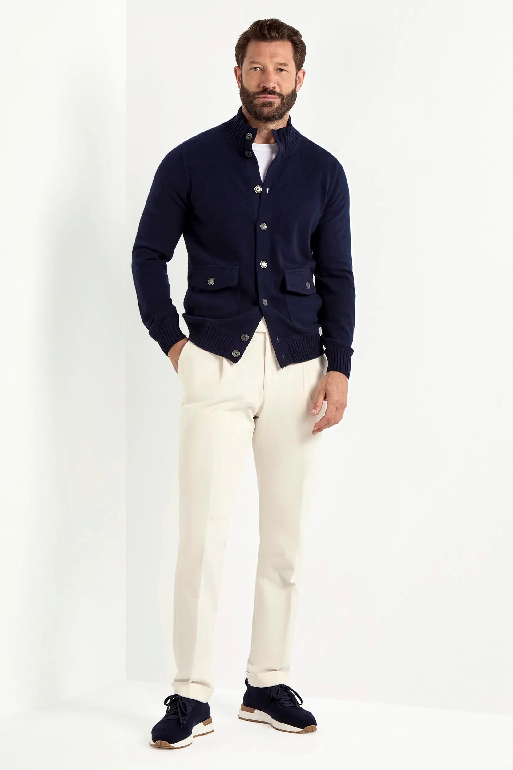 Knitted bomber in merino wool and blue cashmere