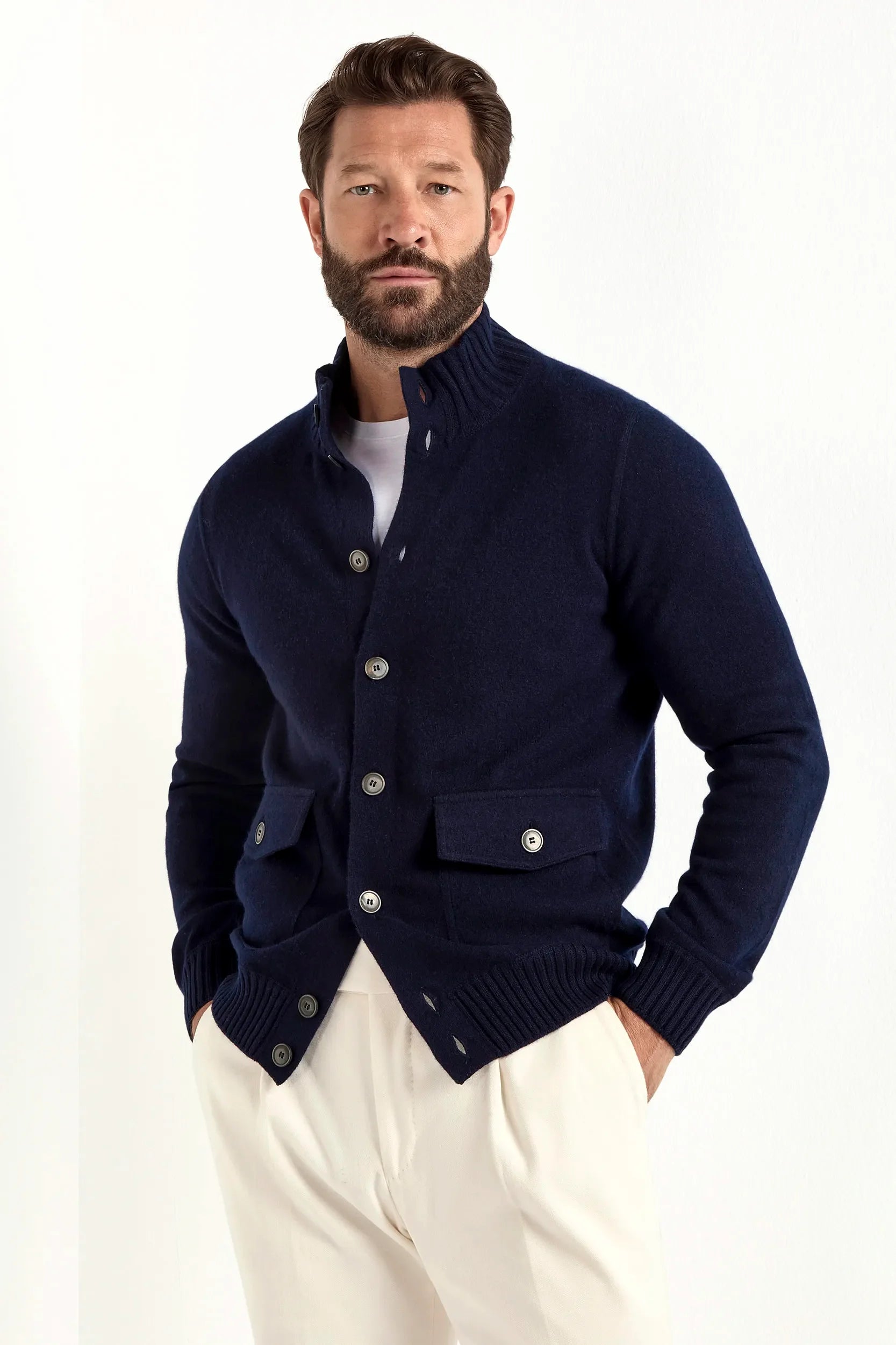 Knitted bomber in merino wool and blue cashmere