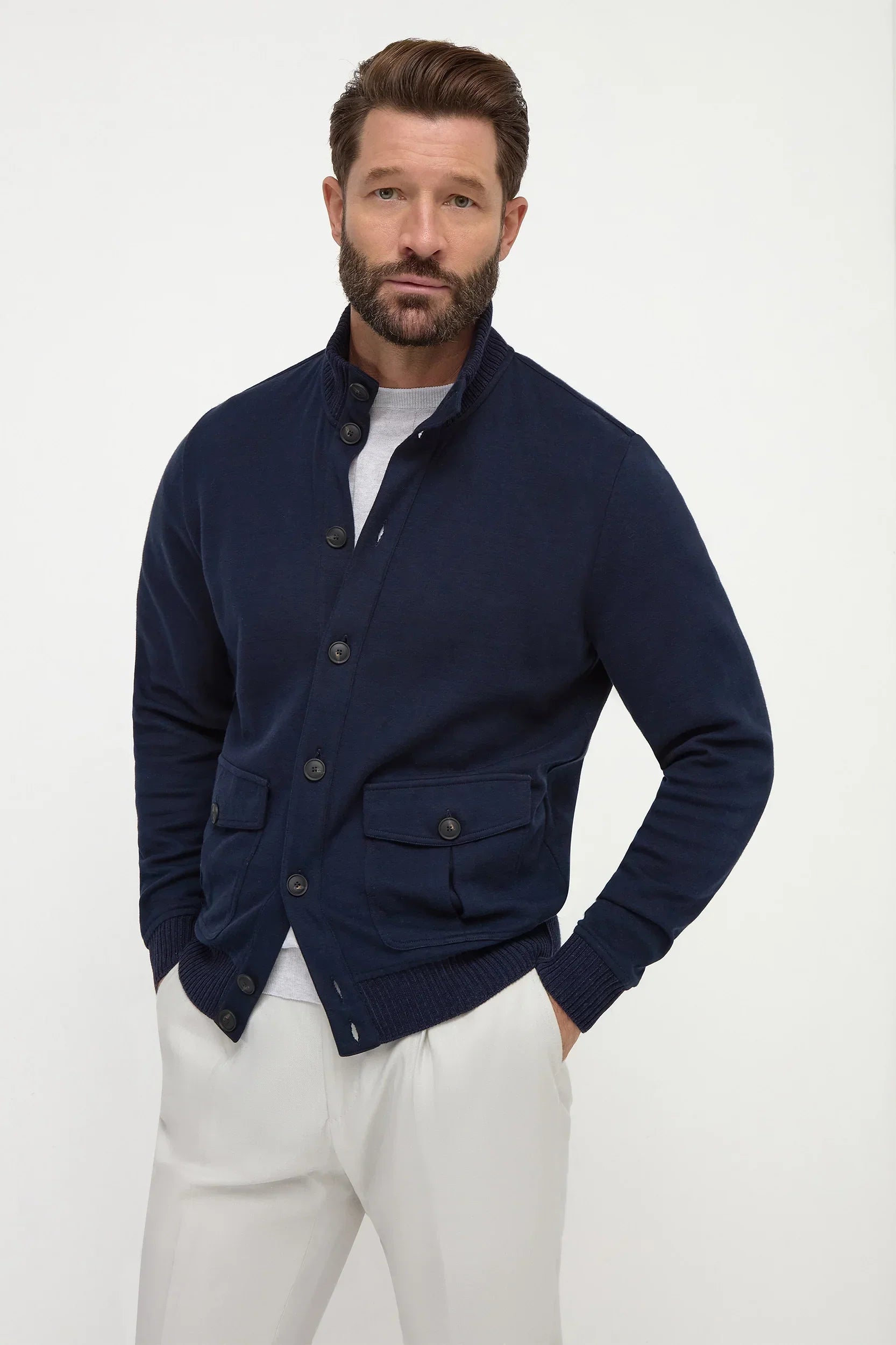 Blue cotton knit bomber