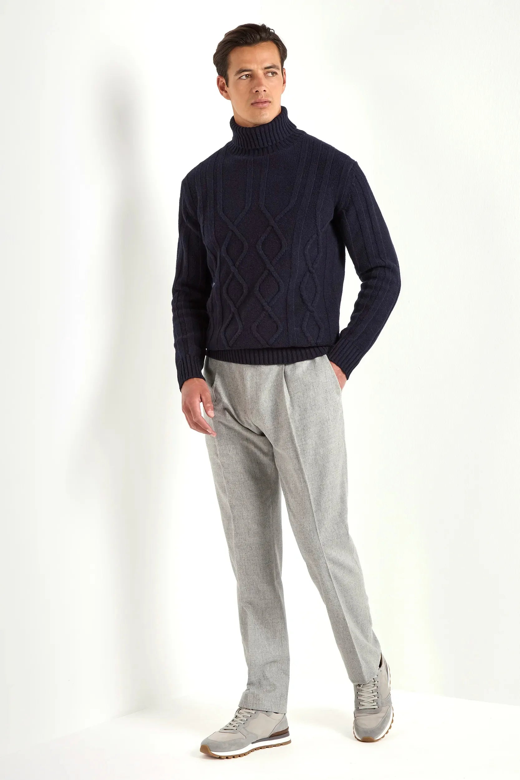 Blue jacquard patterned turtleneck sweater