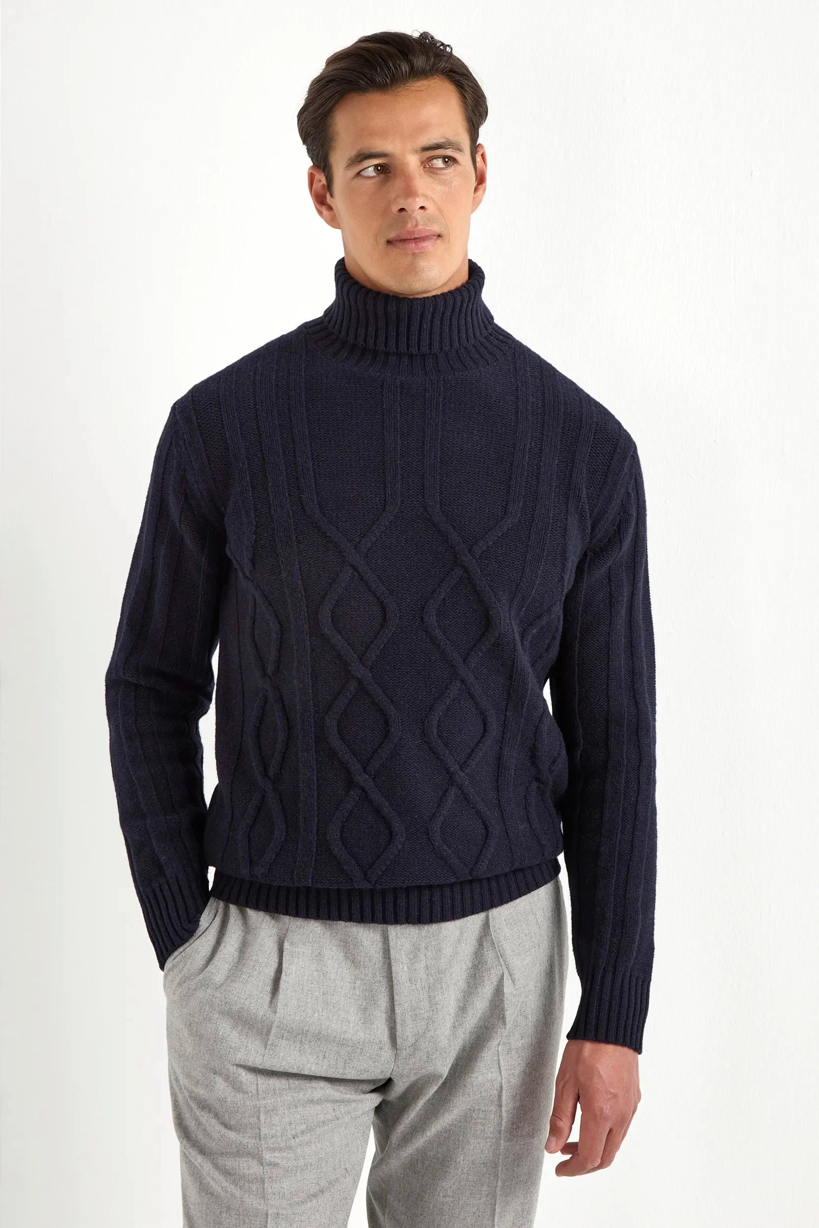 Blue jacquard patterned turtleneck sweater