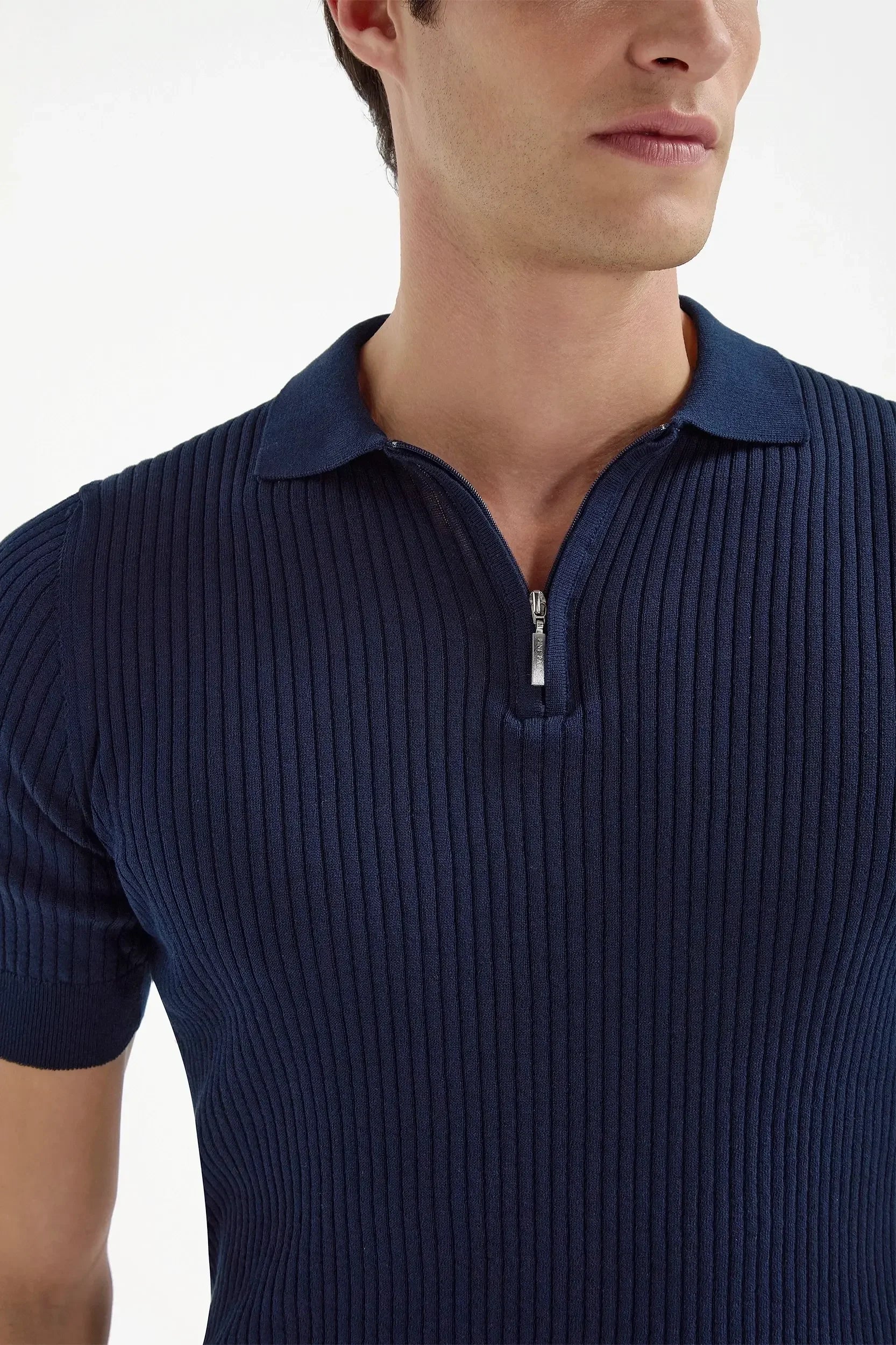 Blue zip polo with fine ribbing