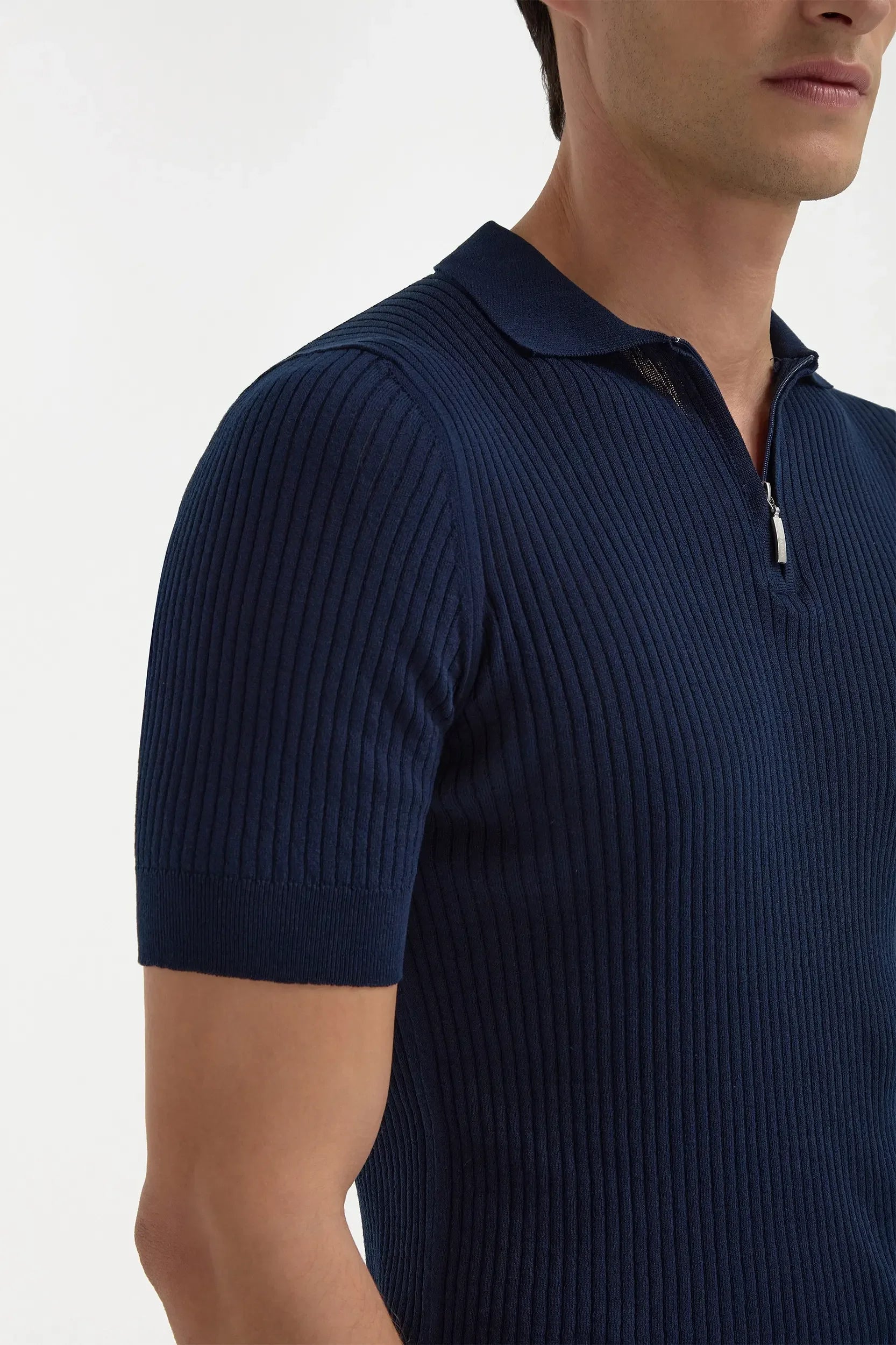 Blue zip polo with fine ribbing