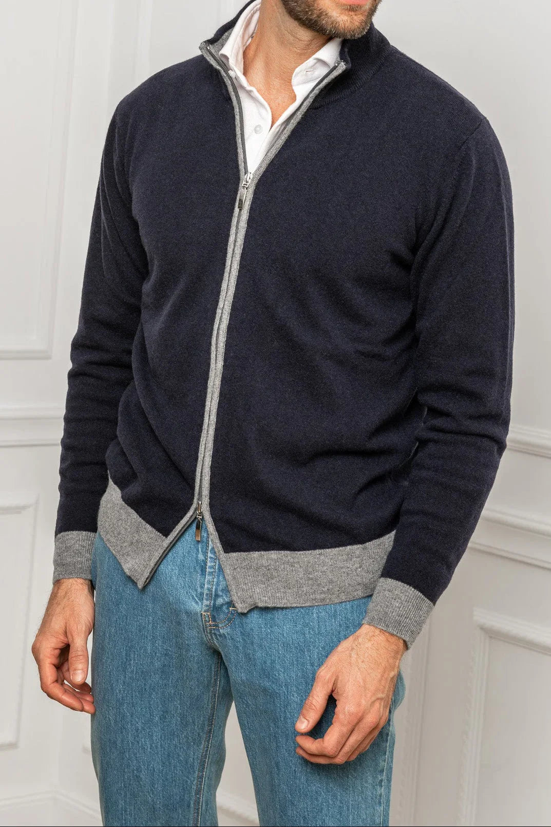 Blue and grey full-zip cardigan
