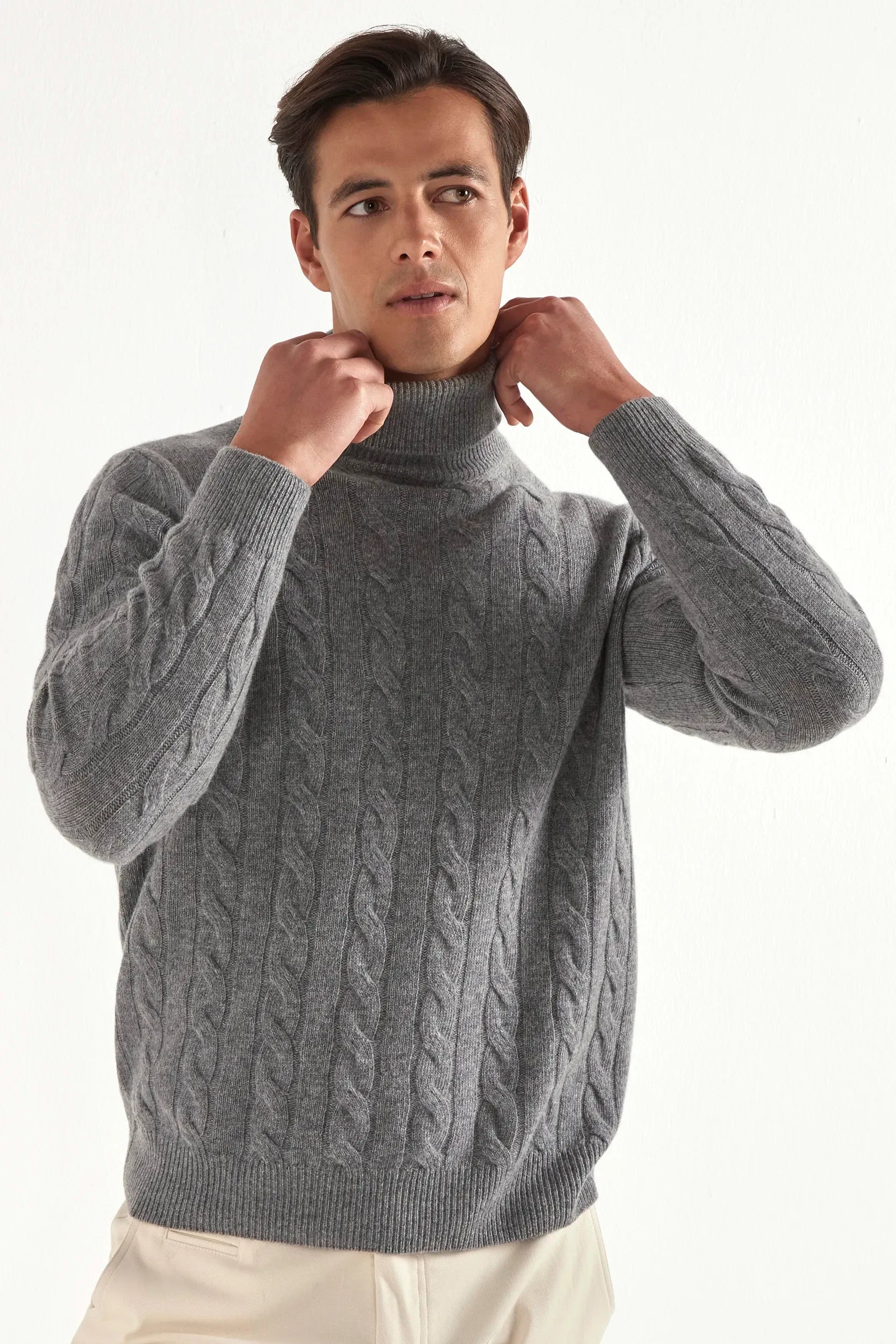 Medium gray cable-knit turtleneck sweater