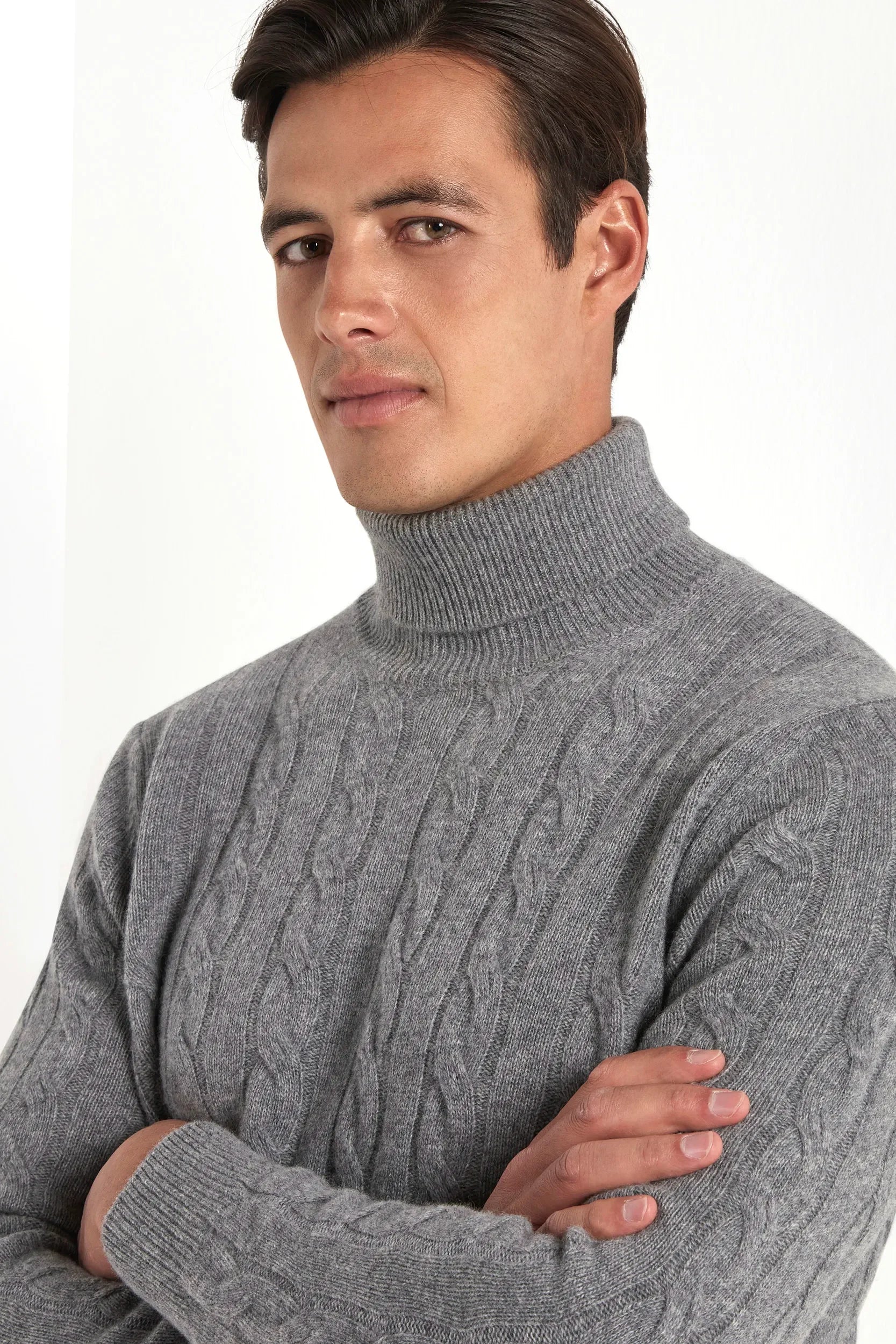 Medium gray cable-knit turtleneck sweater