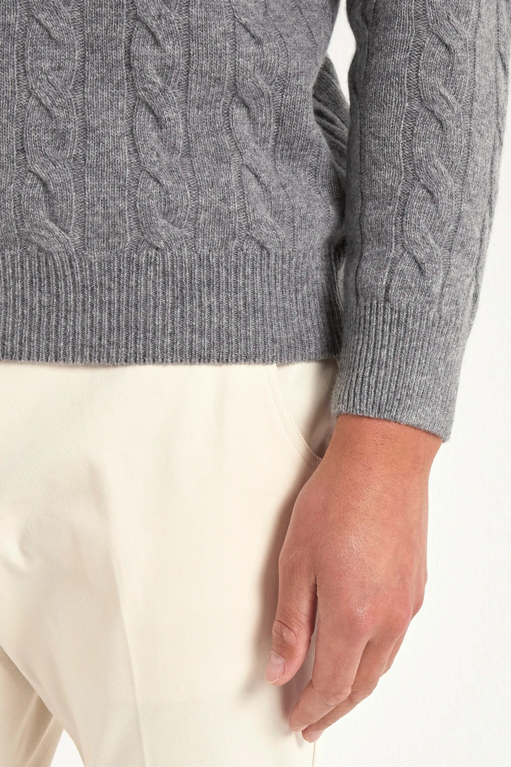 Medium gray cable-knit turtleneck sweater