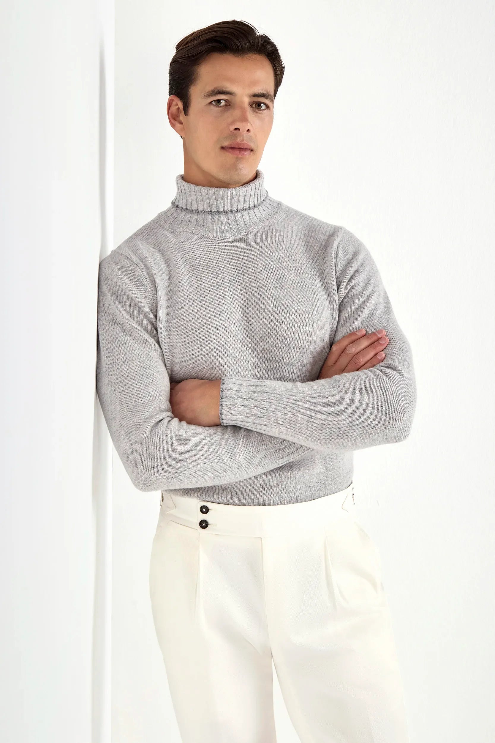 Light grey turtleneck sweater with collar detail