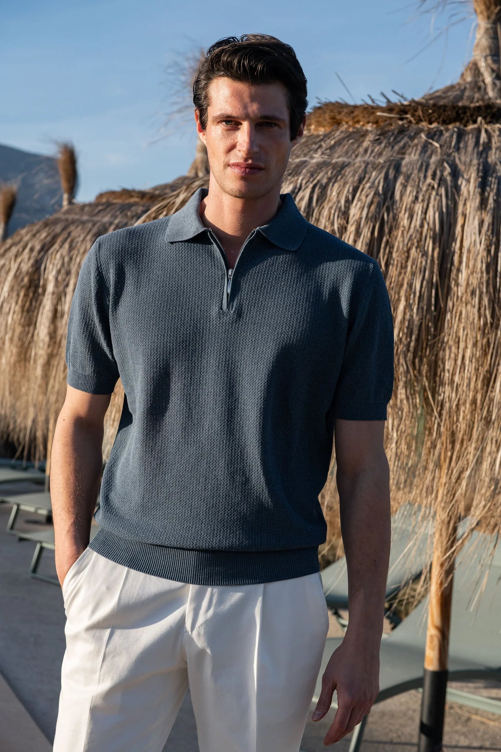 Ocean textured mesh polo shirt with zip