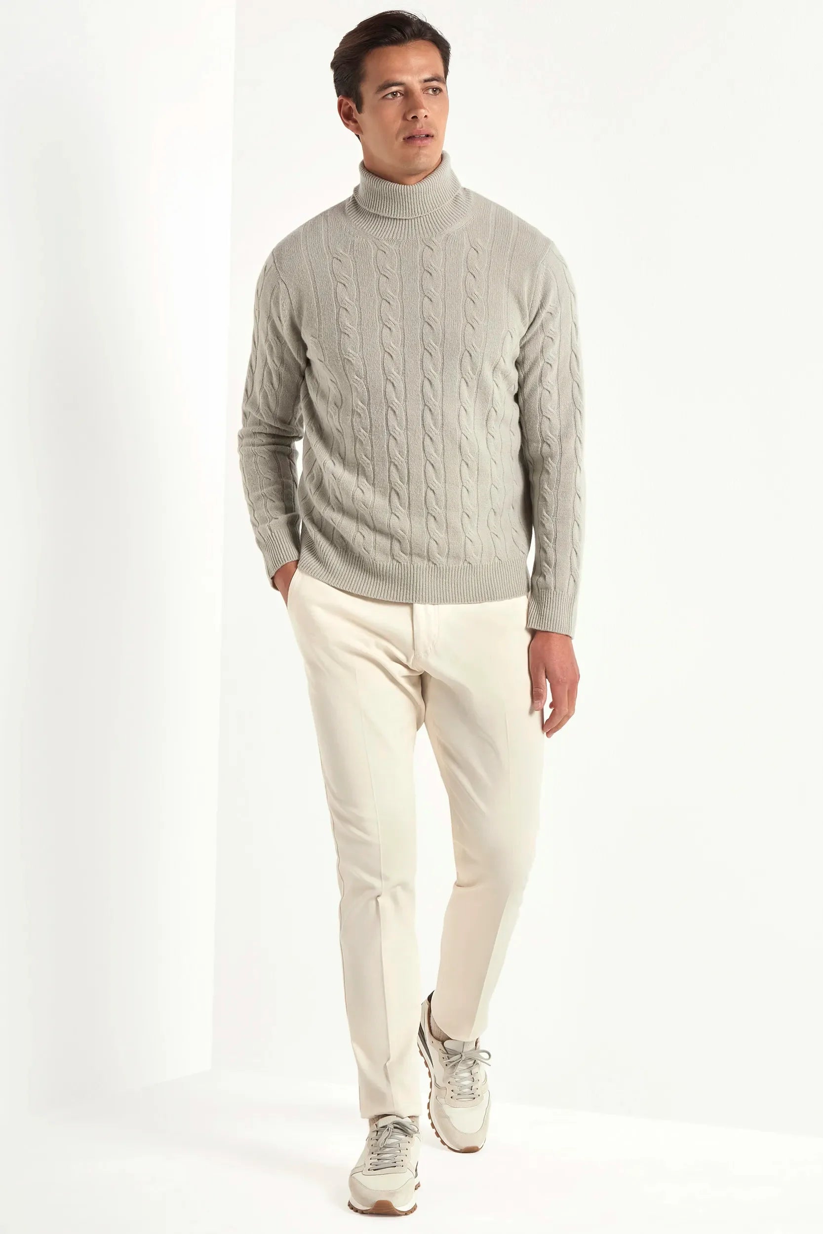 Light sage cable-knit turtleneck sweater