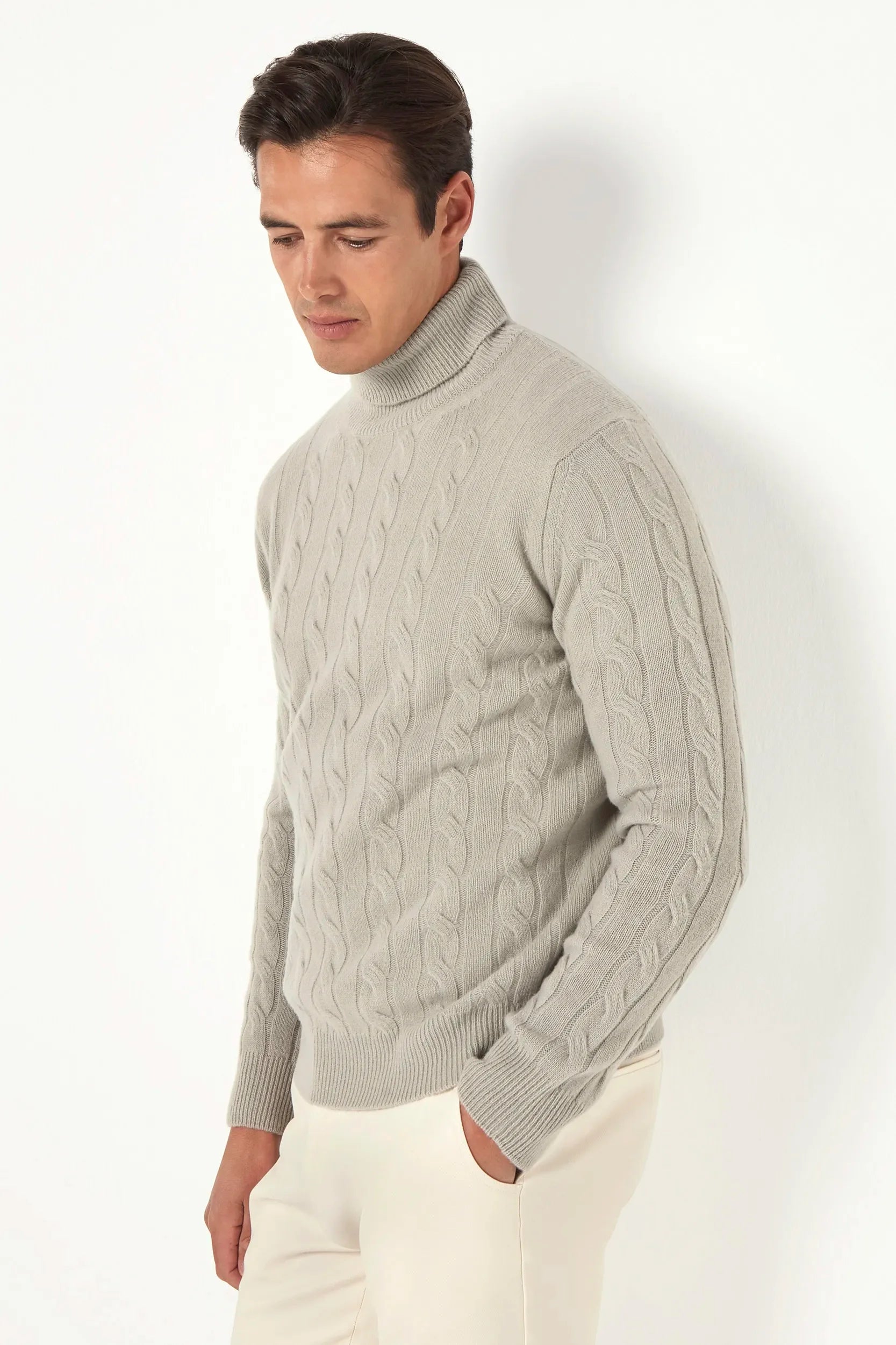 Light sage cable-knit turtleneck sweater