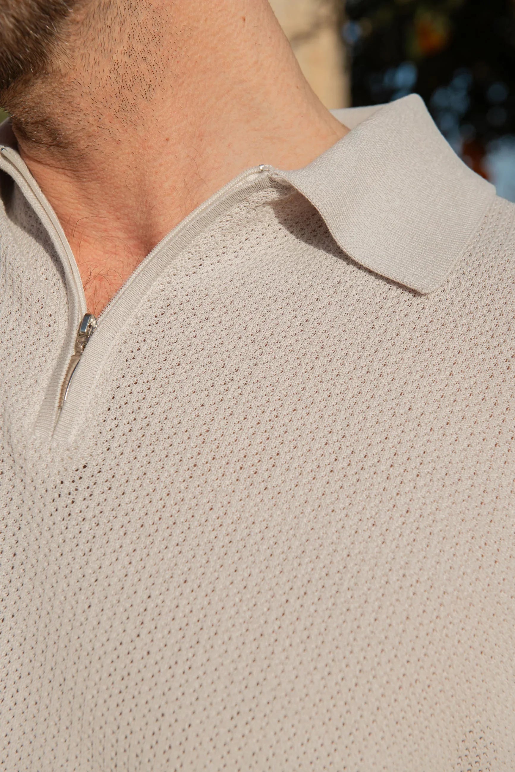 Stone textured mesh polo shirt with zip