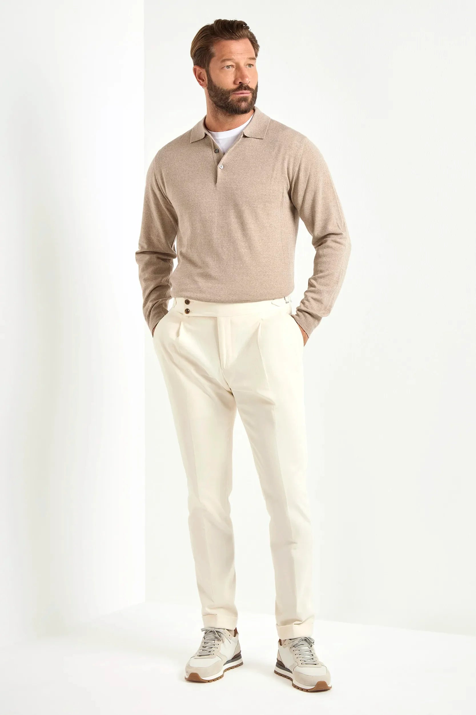 Polo shirt in taupe merino