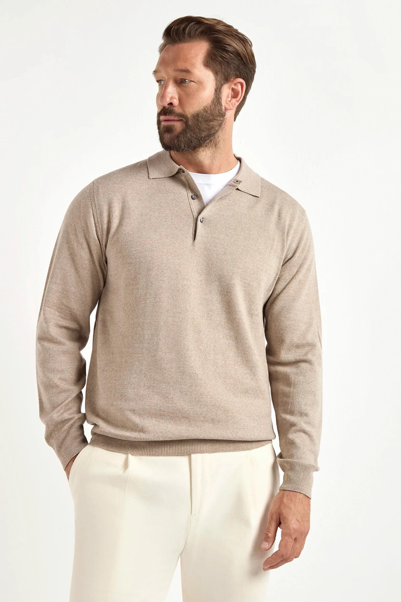 Polo shirt in taupe merino